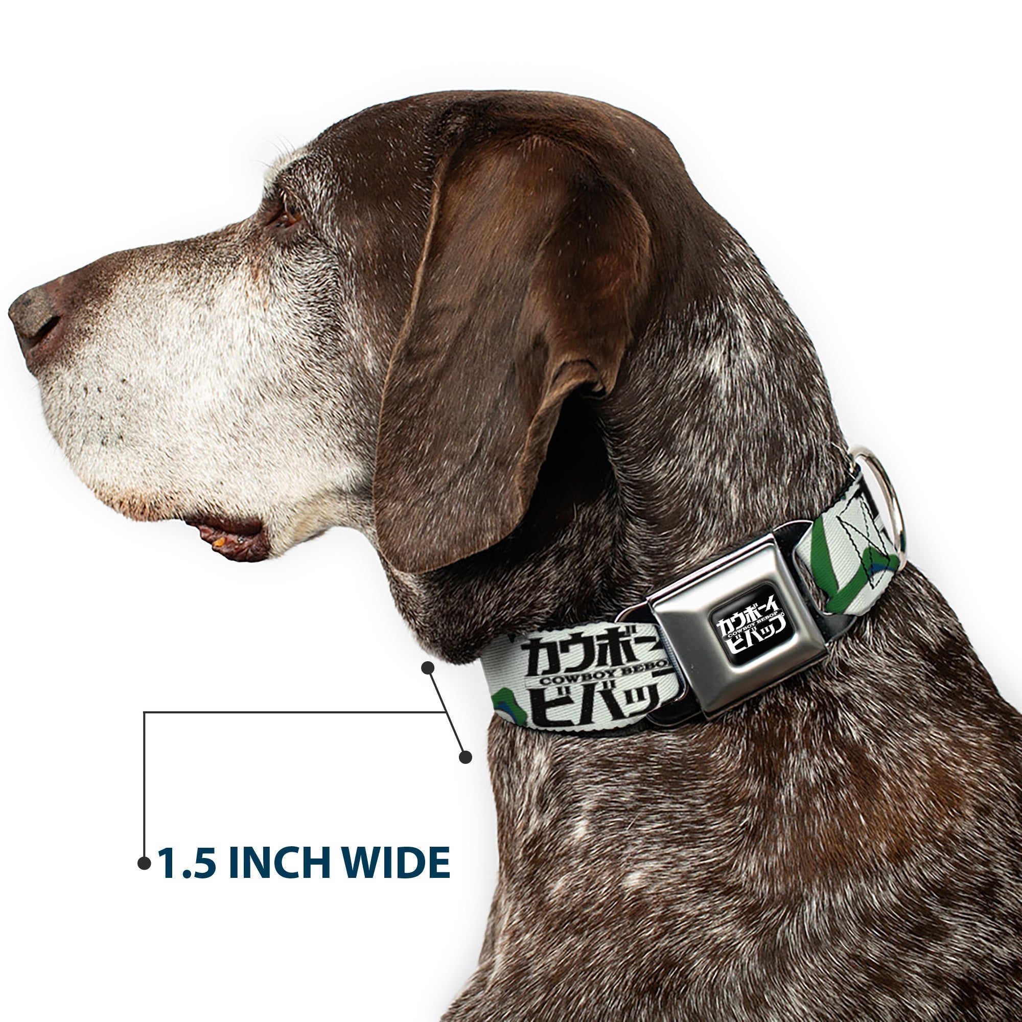 COWBOY BEBOP Title Logo Full Color Black/White Seatbelt Buckle Collar - COWBOY BEBOP Crew Group Pose and Title Logo White/Black/Greens