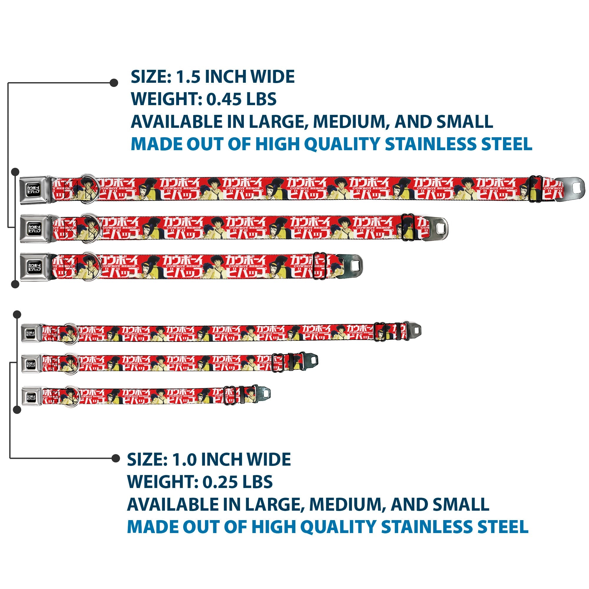 COWBOY BEBOP Title Logo Full Color Black/White Seatbelt Buckle Collar - COWBOY BEBOP Spike and Faye Back to Back Pose and Title Logo Red/White
