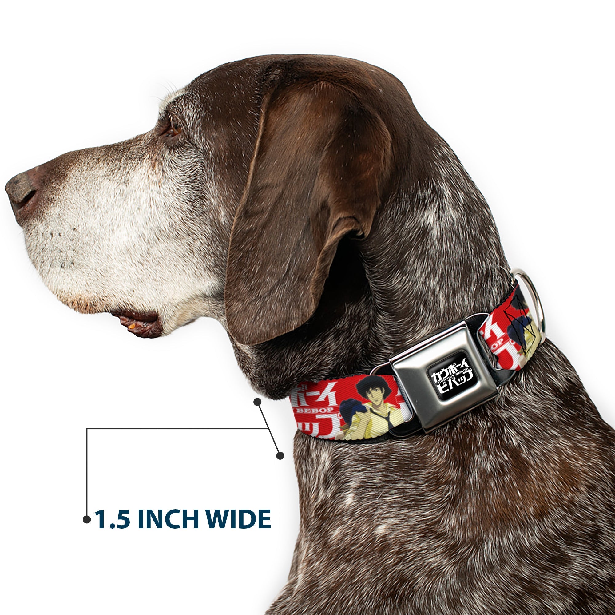 COWBOY BEBOP Title Logo Full Color Black/White Seatbelt Buckle Collar - COWBOY BEBOP Spike and Faye Back to Back Pose and Title Logo Red/White