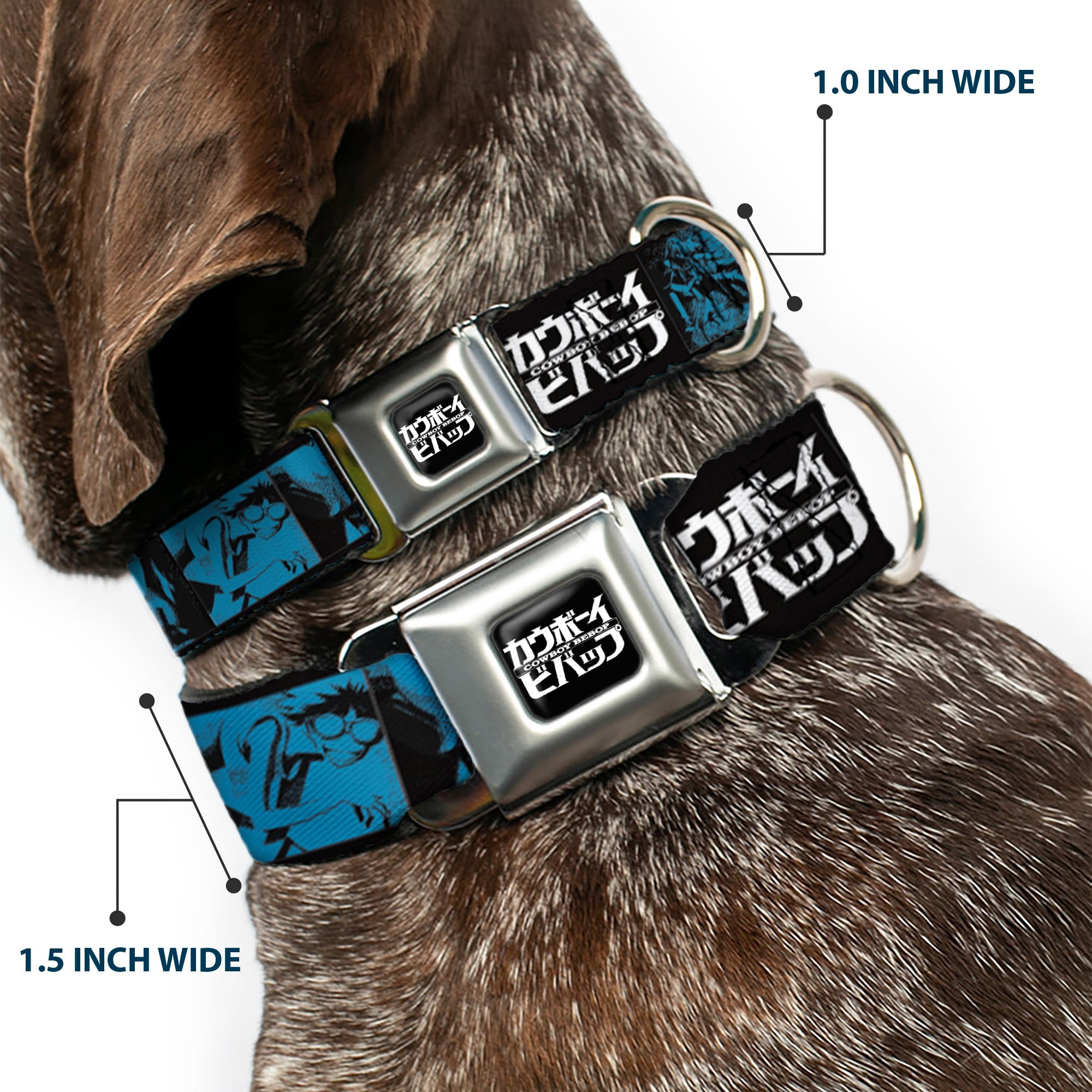 COWBOY BEBOP Title Logo Full Color Black/White Seatbelt Buckle Collar - COWBOY BEBOP Title Logo and Character Blocks Black/Blues