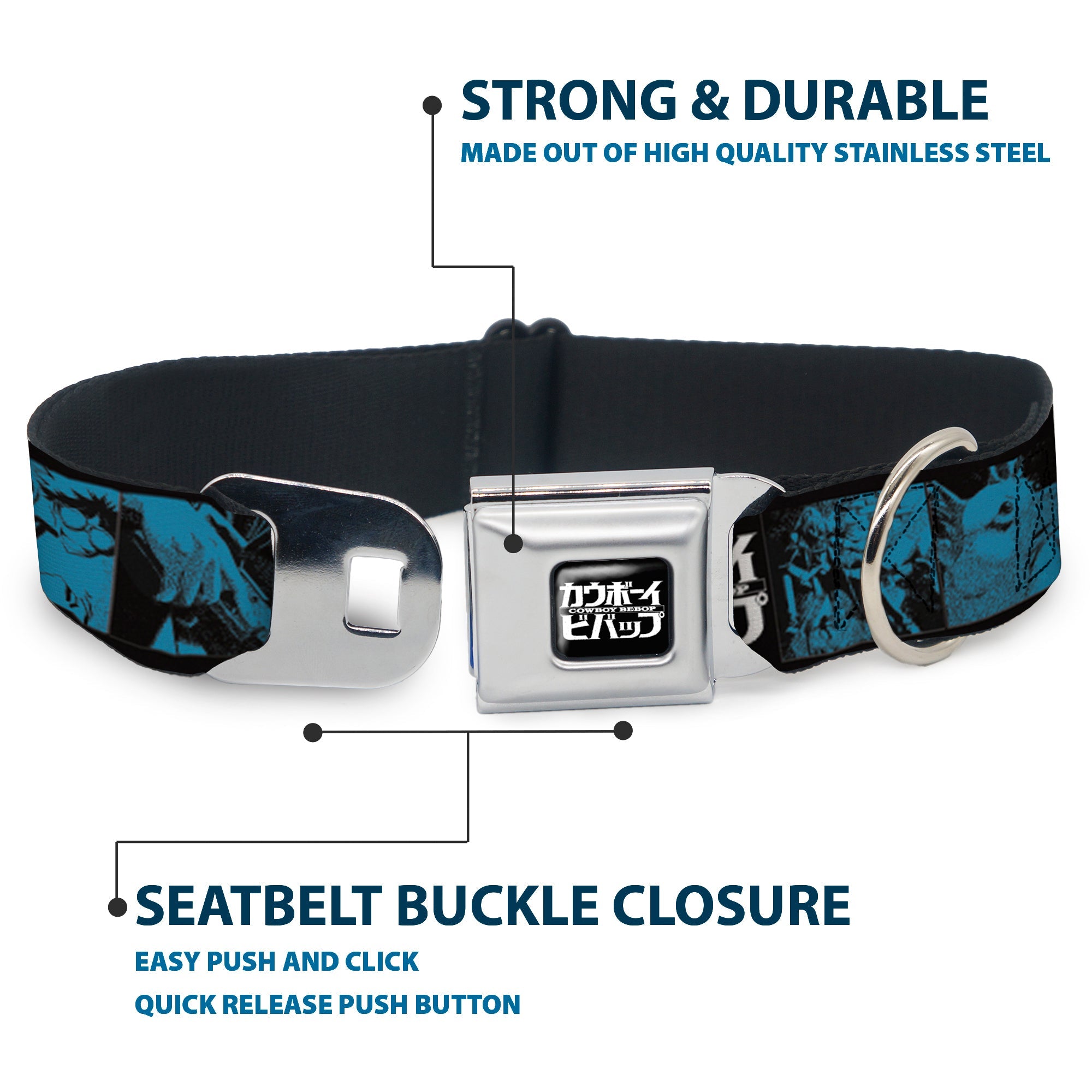 COWBOY BEBOP Title Logo Full Color Black/White Seatbelt Buckle Collar - COWBOY BEBOP Title Logo and Character Blocks Black/Blues