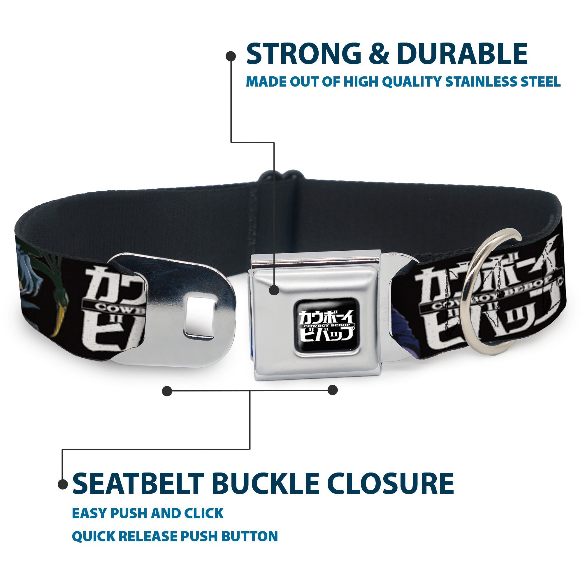 COWBOY BEBOP Title Logo Full Color Black/White Seatbelt Buckle Collar - COWBOY BEBOP Spike and Vicious Pose and Title Logo Black/Blues