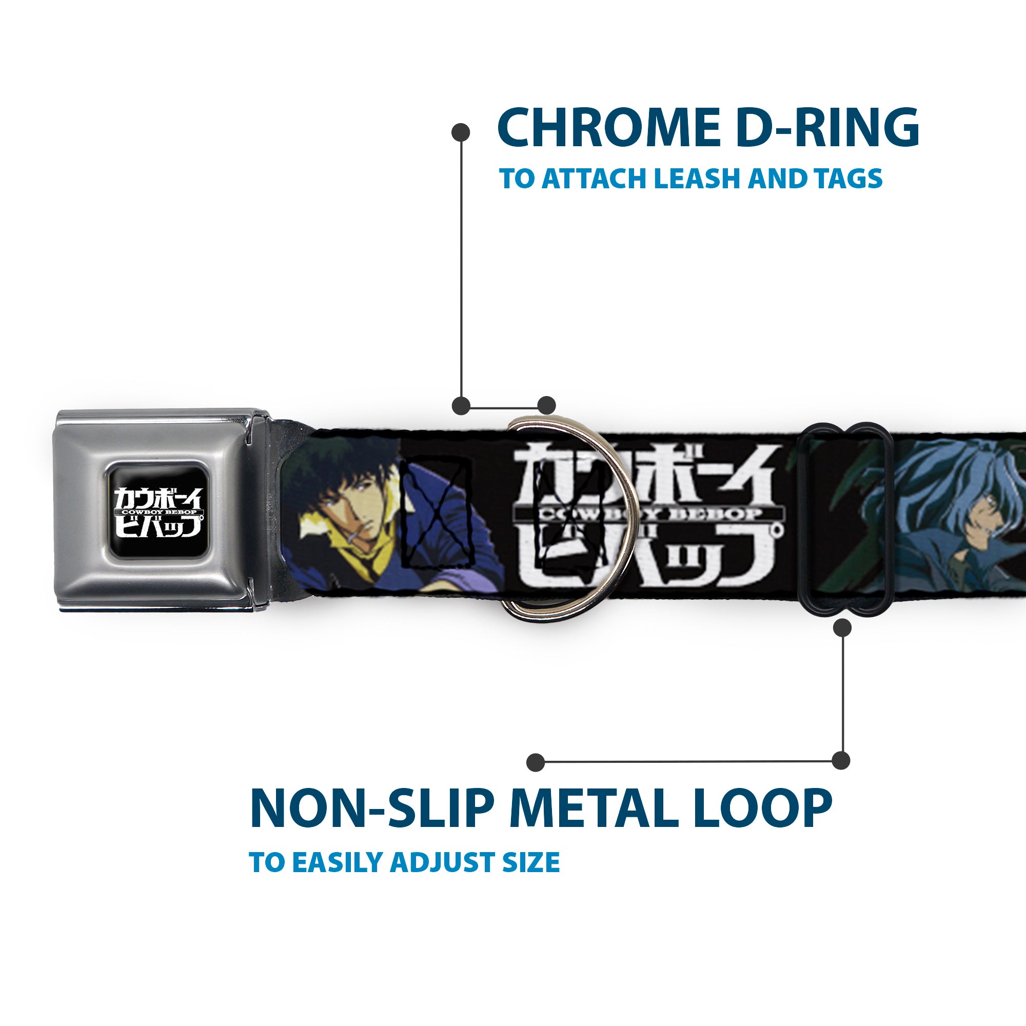 COWBOY BEBOP Title Logo Full Color Black/White Seatbelt Buckle Collar - COWBOY BEBOP Spike and Vicious Pose and Title Logo Black/Blues