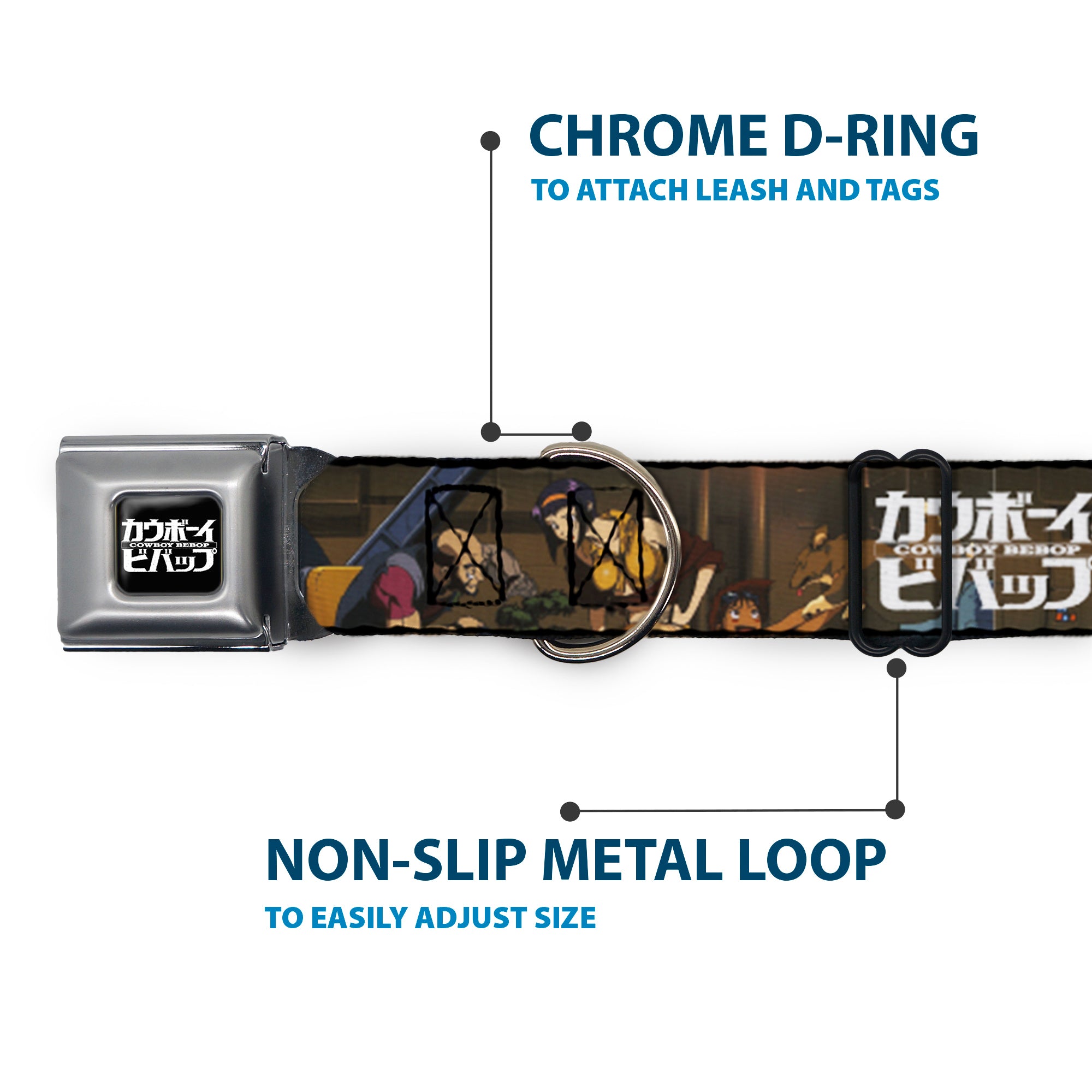 COWBOY BEBOP Title Logo Full Color Black/White Seatbelt Buckle Collar - COWBOY BEBOP Jet Black and Crew Bonsai Tree Scene and Title Logo