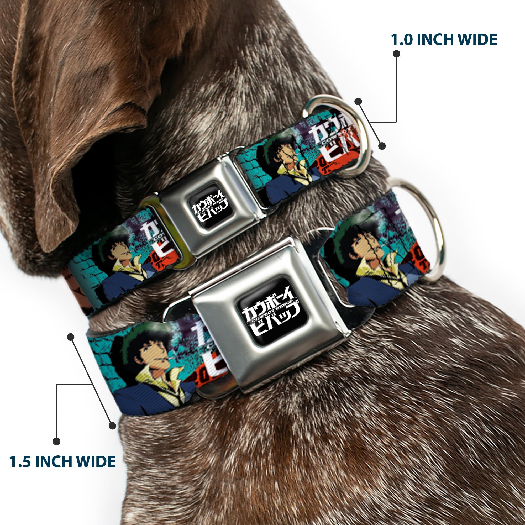 COWBOY BEBOP Title Logo Full Color Black/White Seatbelt Buckle Collar - COWBOY BEBOP Spike and Faye Brick Pose and Title Logo Blues/Reds