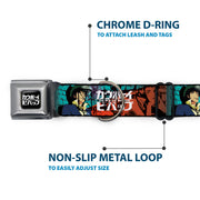 COWBOY BEBOP Title Logo Full Color Black/White Seatbelt Buckle Collar - COWBOY BEBOP Spike and Faye Brick Pose and Title Logo Blues/Reds