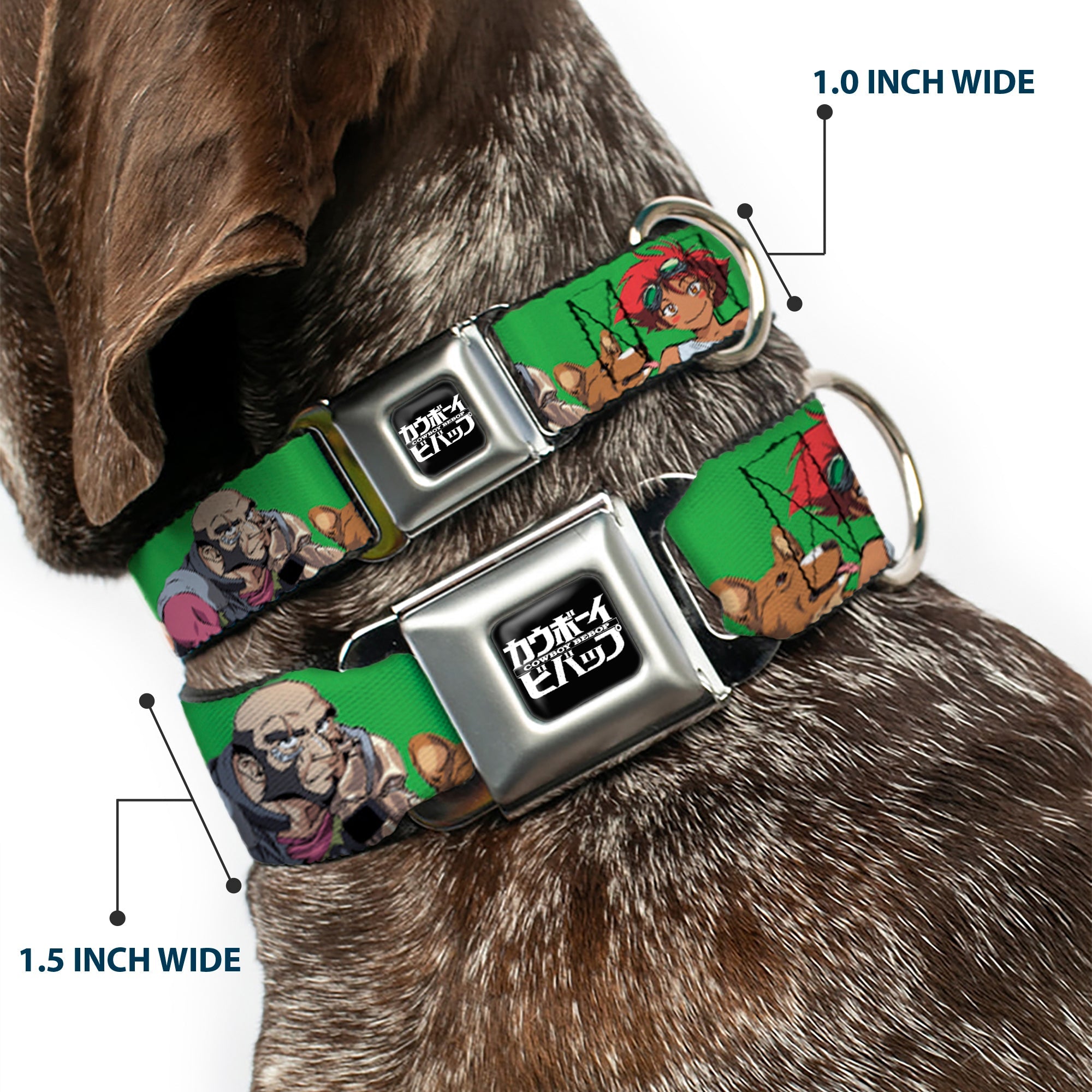 COWBOY BEBOP Title Logo Full Color Black/White Seatbelt Buckle Collar - COWBOY BEBOP Crew Group Pose and Title Logo Green/Black