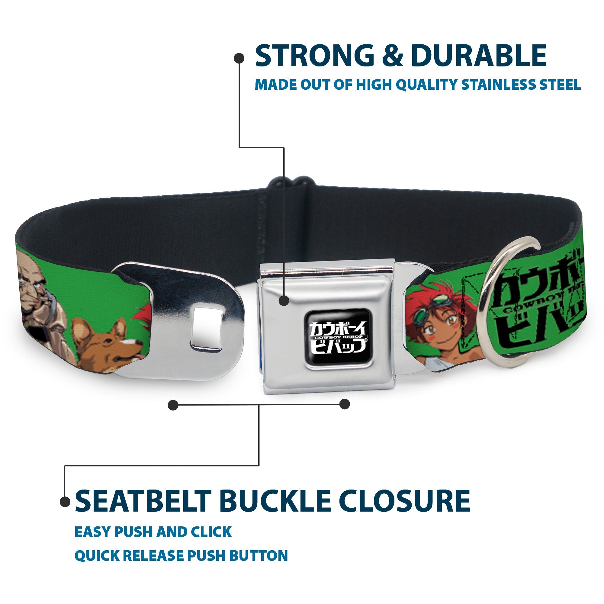 COWBOY BEBOP Title Logo Full Color Black/White Seatbelt Buckle Collar - COWBOY BEBOP Crew Group Pose and Title Logo Green/Black