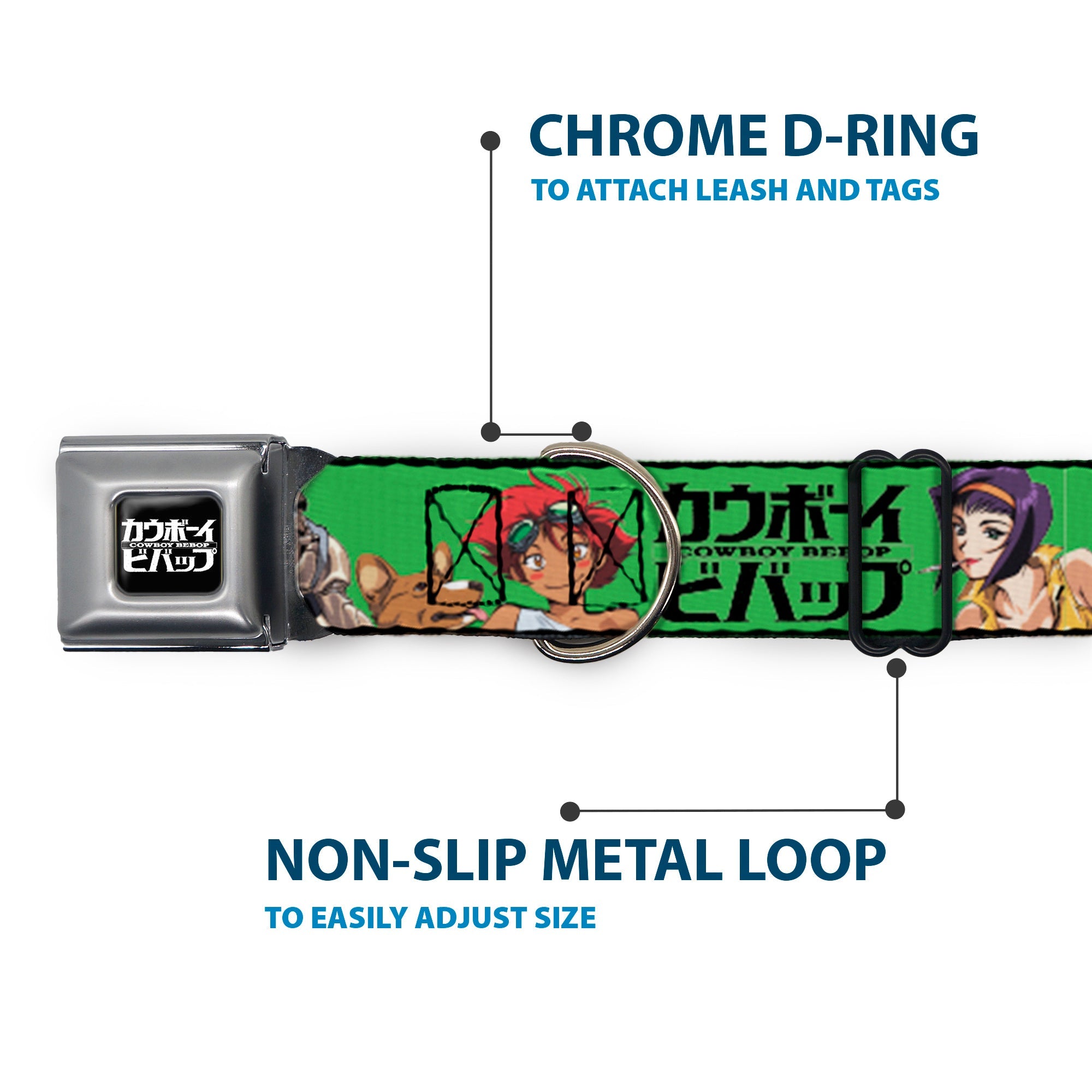 COWBOY BEBOP Title Logo Full Color Black/White Seatbelt Buckle Collar - COWBOY BEBOP Crew Group Pose and Title Logo Green/Black