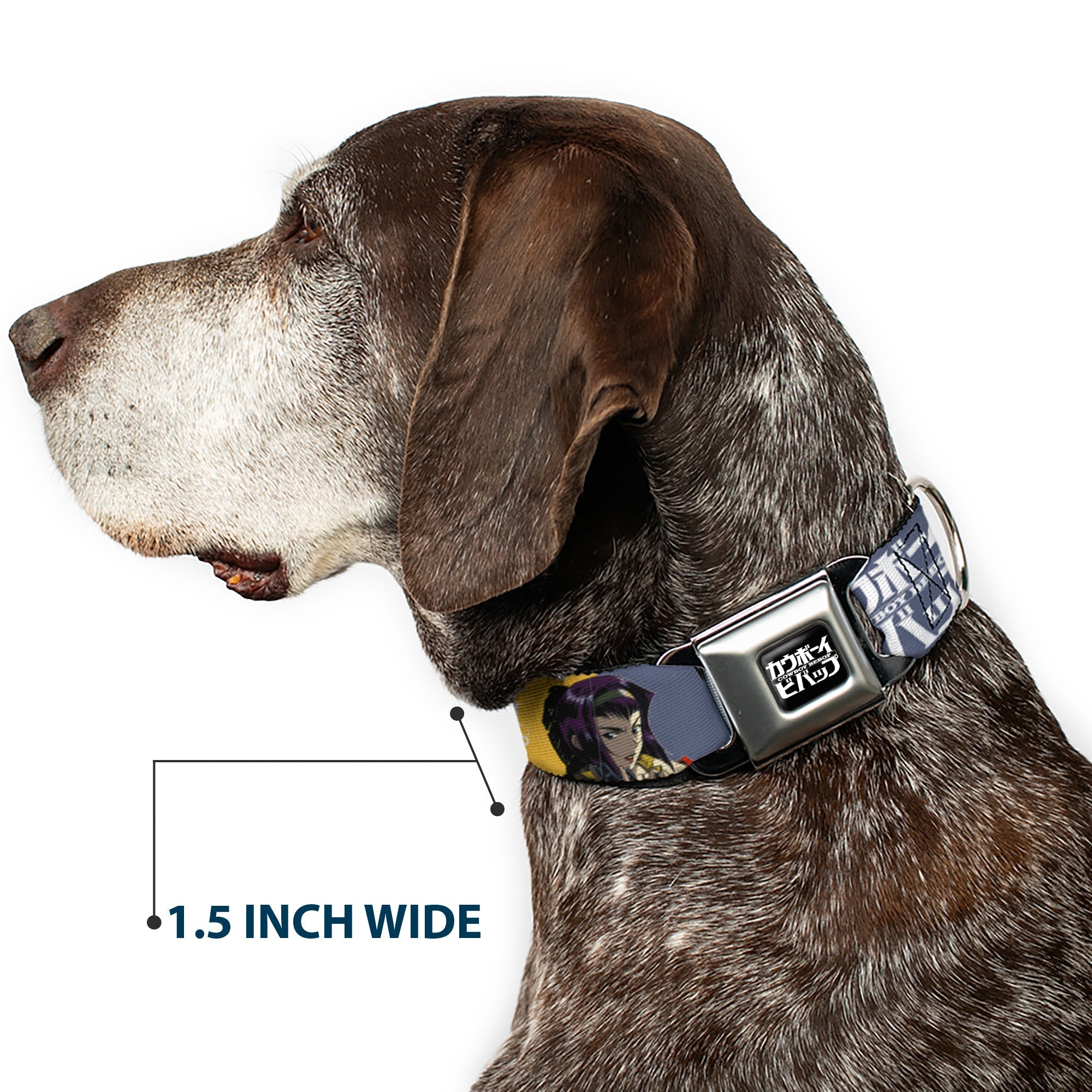 COWBOY BEBOP Title Logo Full Color Black/White Seatbelt Buckle Collar - COWBOY BEBOP Spike Vicious and Faye Pose and Title Logo Blues/Yellow