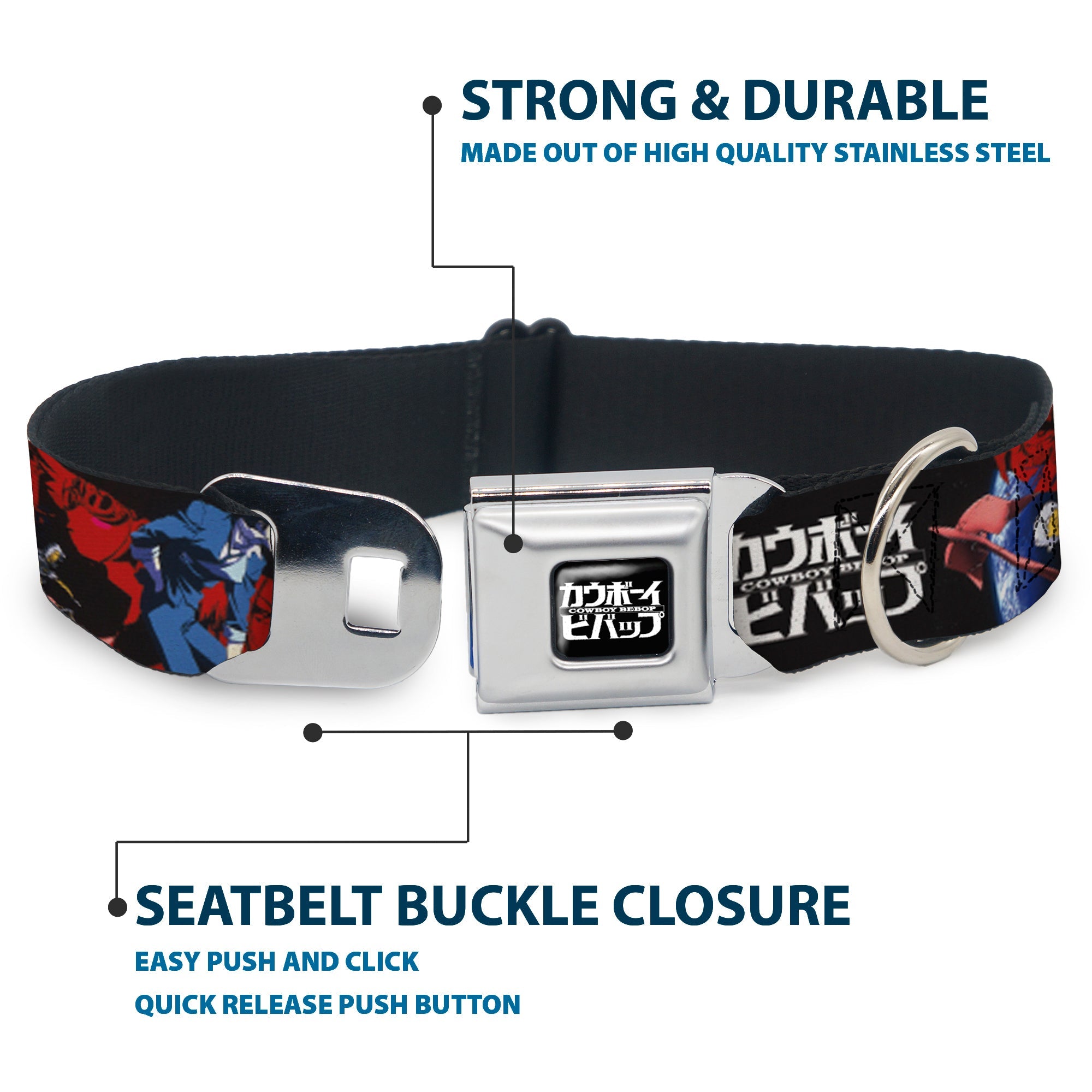 COWBOY BEBOP Title Logo Full Color Black/White Seatbelt Buckle Collar - COWBOY BEBOP Spike Pose and Crew Collage and Title Logo Black