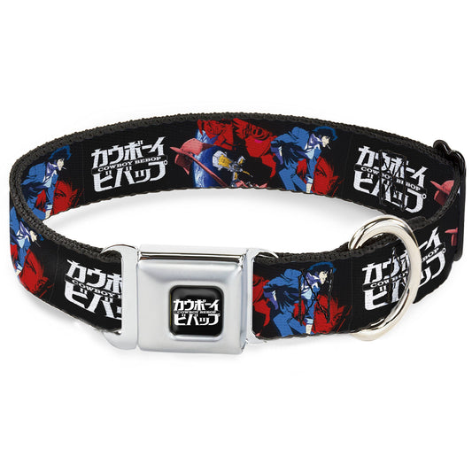 COWBOY BEBOP Title Logo Full Color Black/White Seatbelt Buckle Collar - COWBOY BEBOP Spike Pose and Crew Collage and Title Logo Black