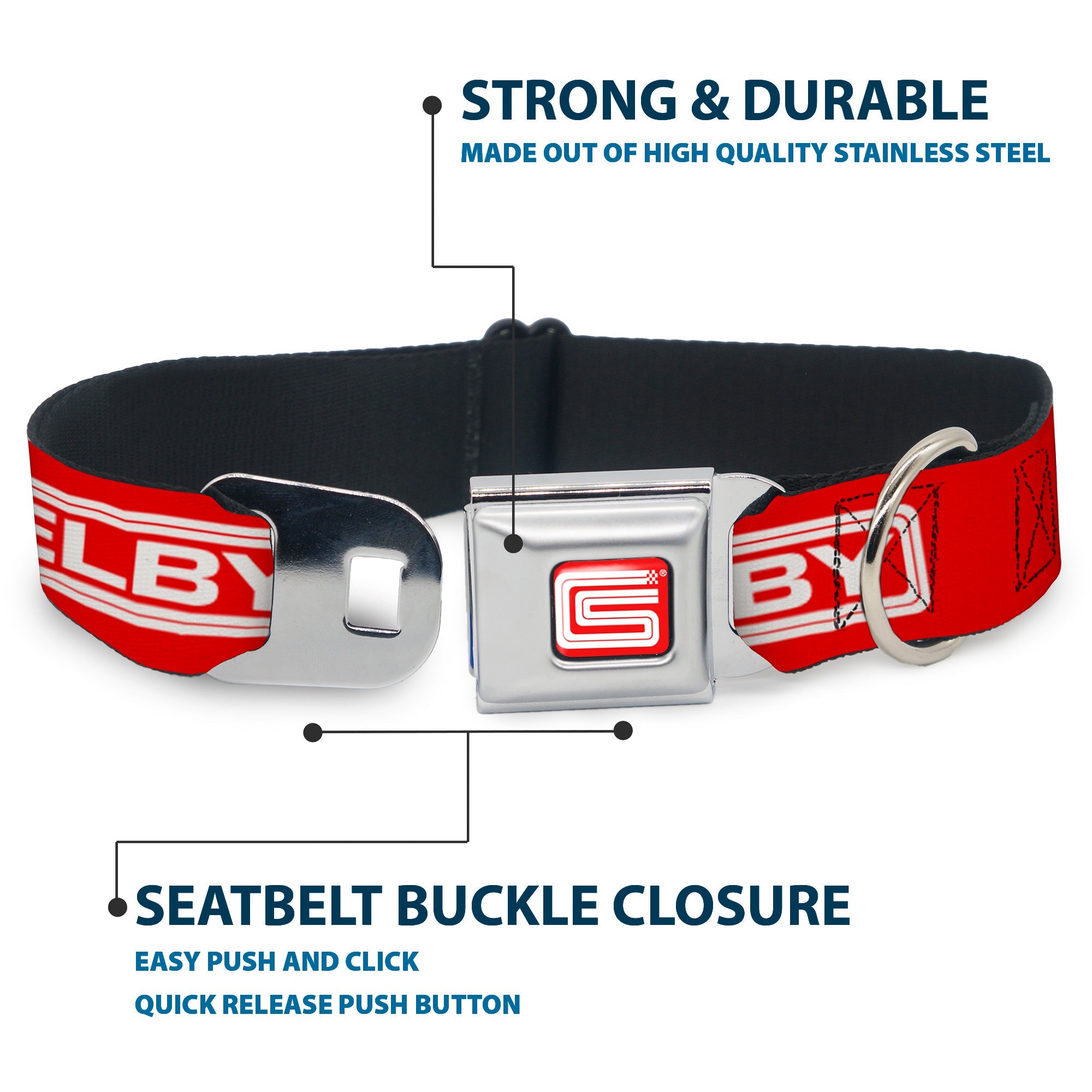 Carroll Shelby CS Racing Logo Full Color Red/White Seatbelt Buckle Collar - Carroll Shelby CS SHELBY Racing Logo Block Red/White