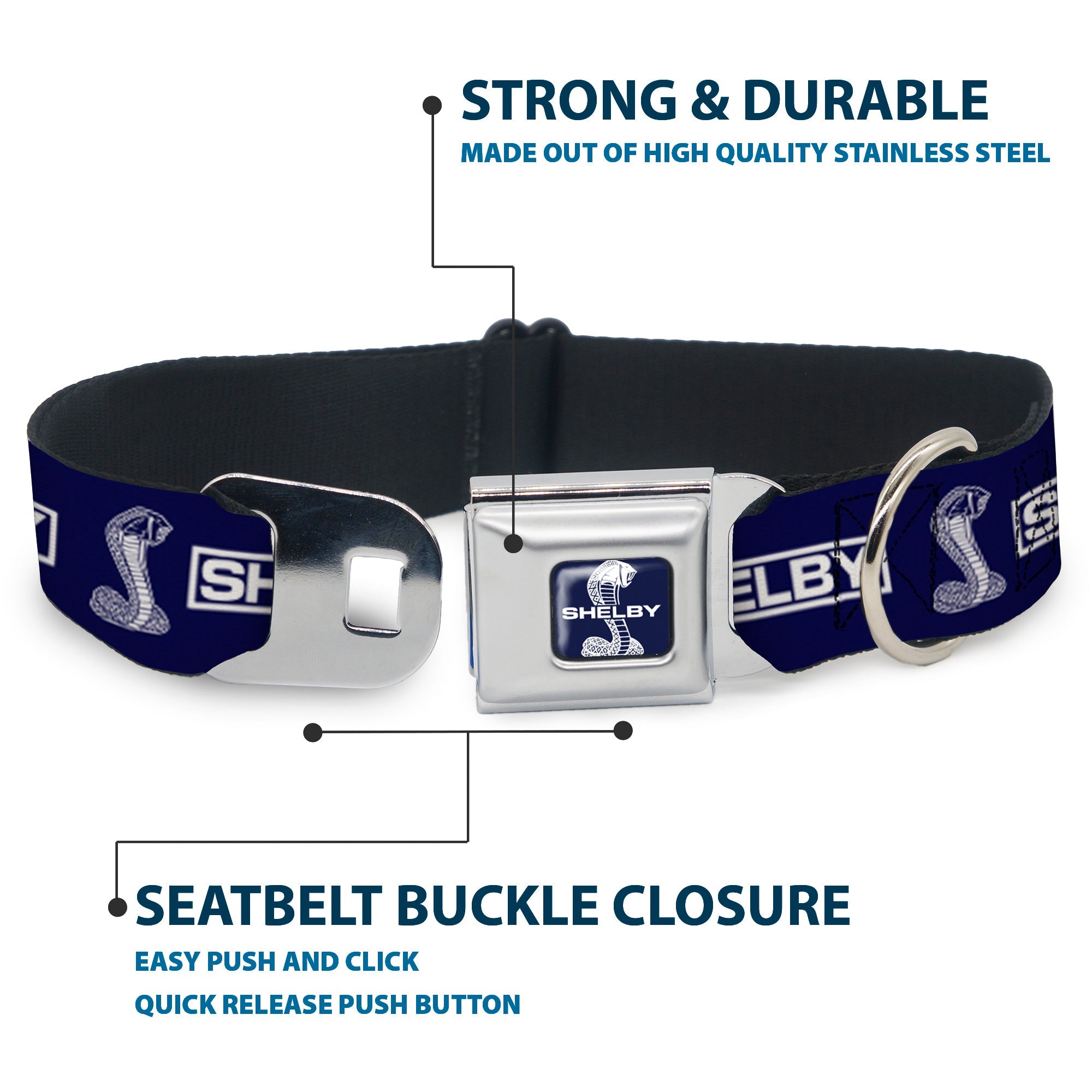 SHELBY Super Snake Cobra Split Full Color Blue/White Seatbelt Buckle Collar - SHELBY Box Logo and Super Snake Cobra Blue/White