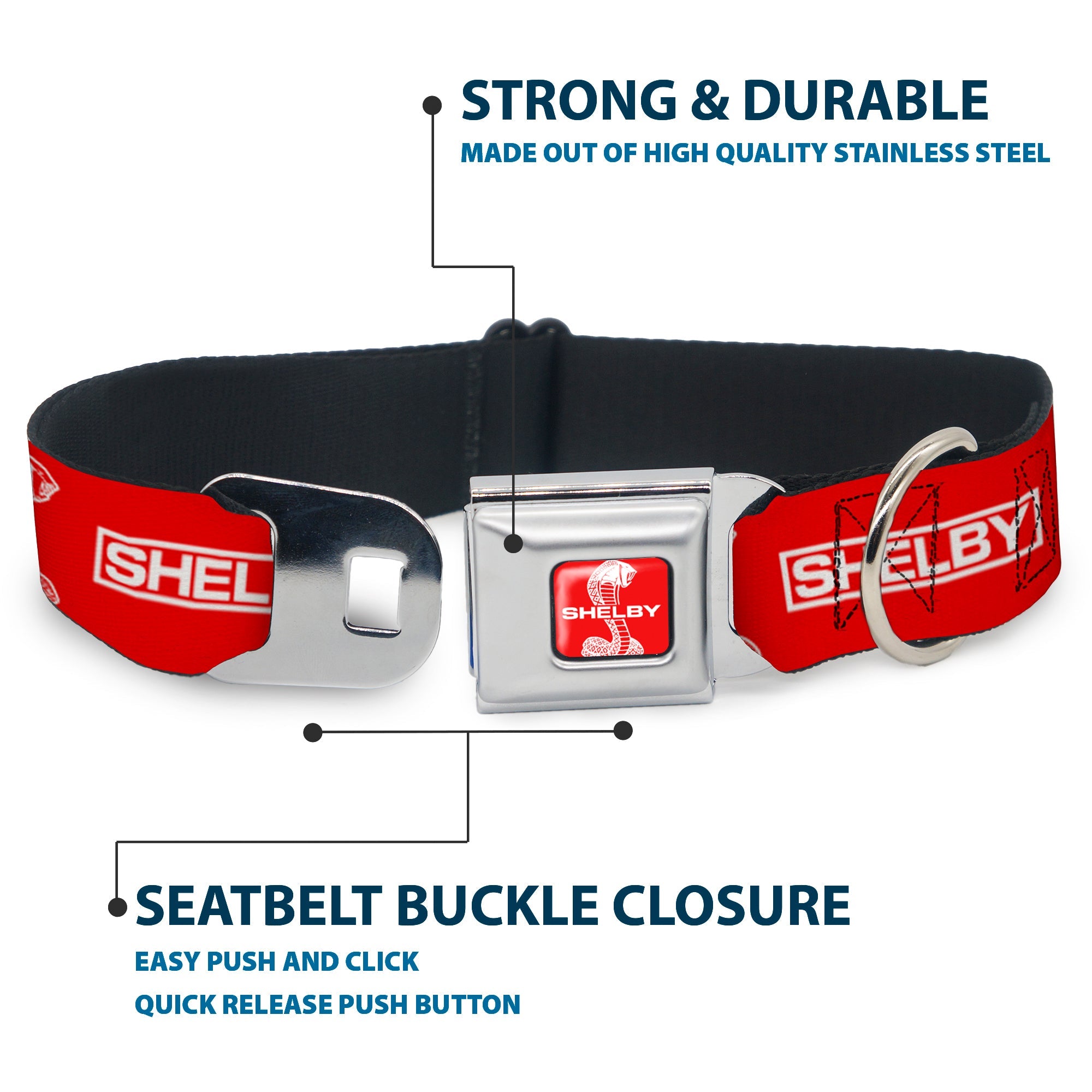 SHELBY Super Snake Cobra Split Full Color Red/White Seatbelt Buckle Collar - SHELBY Box Logo and Super Snake Cobra Red/White