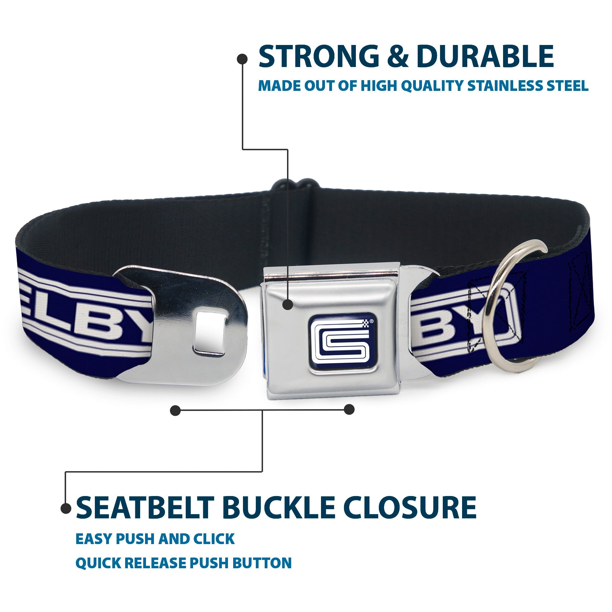 Carroll Shelby CS Racing Logo Full Color Navy/White Seatbelt Buckle Collar - Carroll Shelby CS SHELBY Racing Logo Block Navy/White
