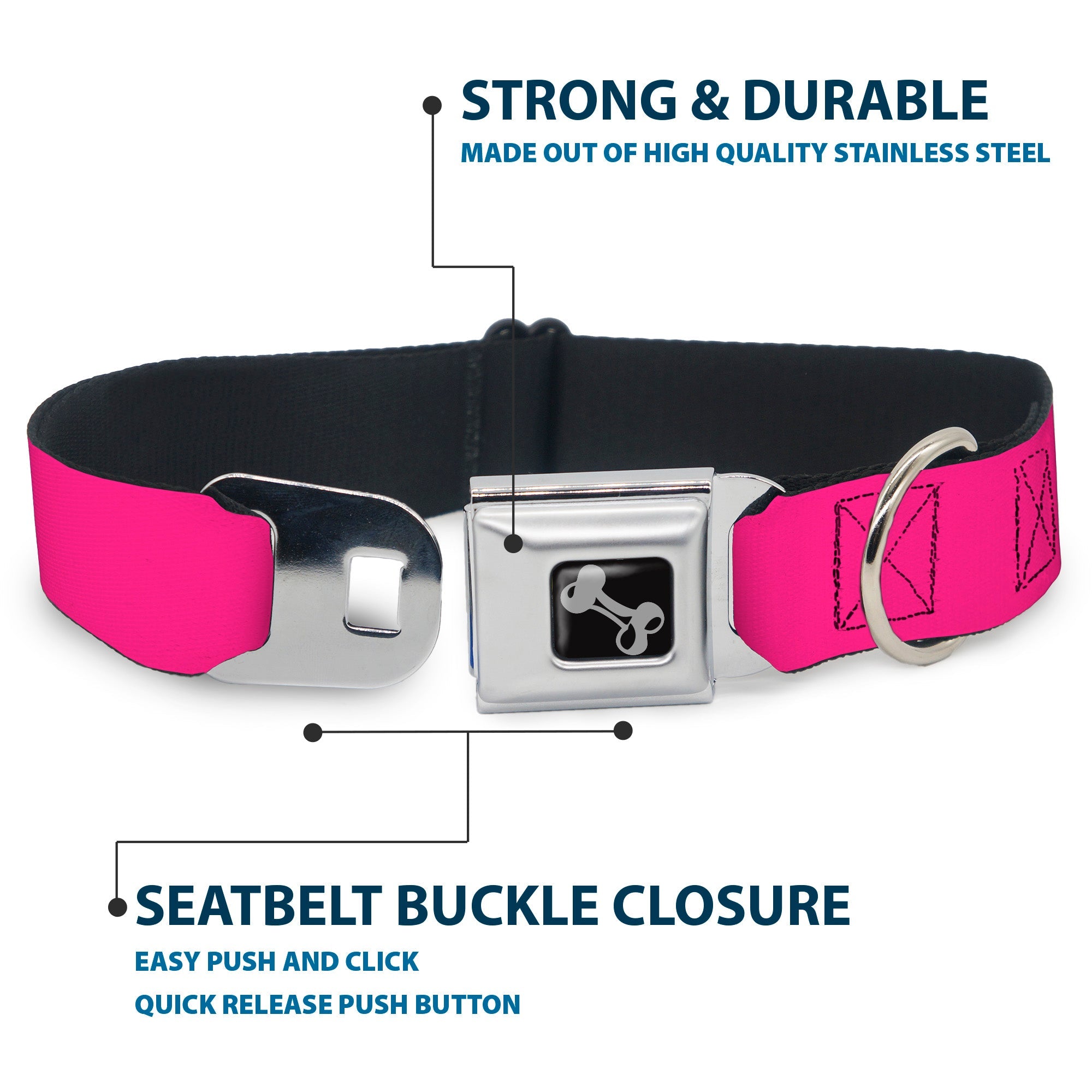 Dog Bone Seatbelt Buckle Collar - Neon Pink