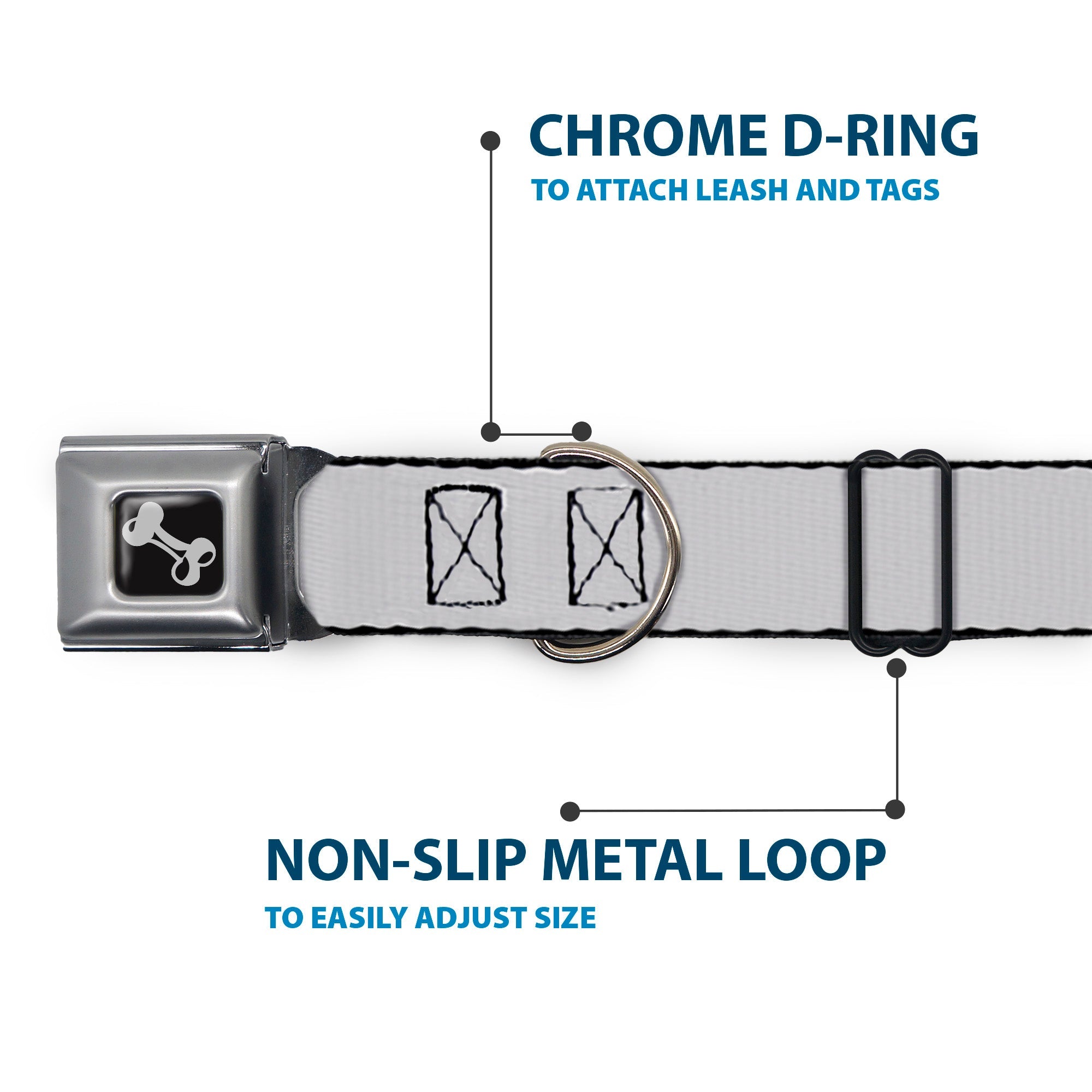 Dog Bone Seatbelt Buckle Collar - Silver
