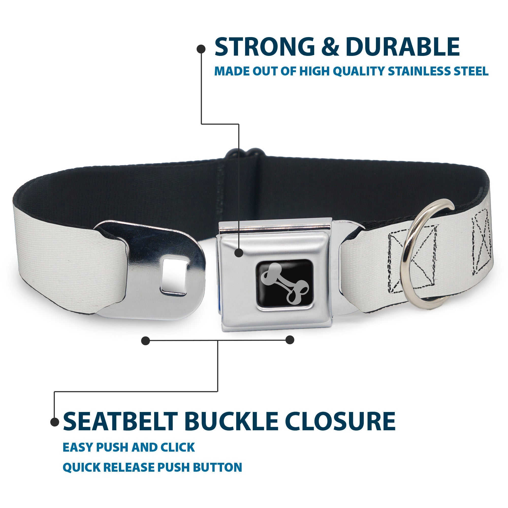 Dog Bone Seatbelt Buckle Collar - White