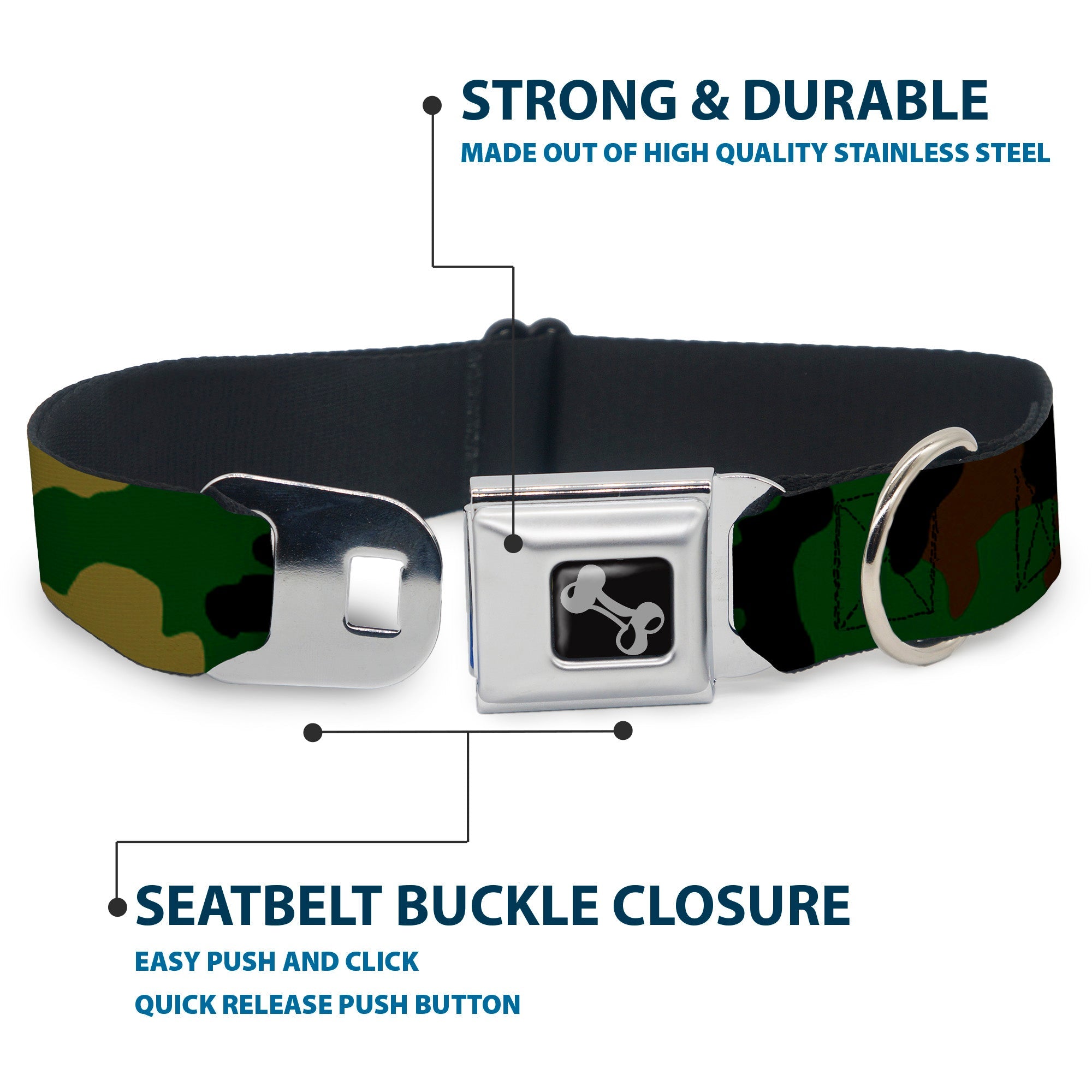 Dog Bone Seatbelt Buckle Collar - Camo Olive
