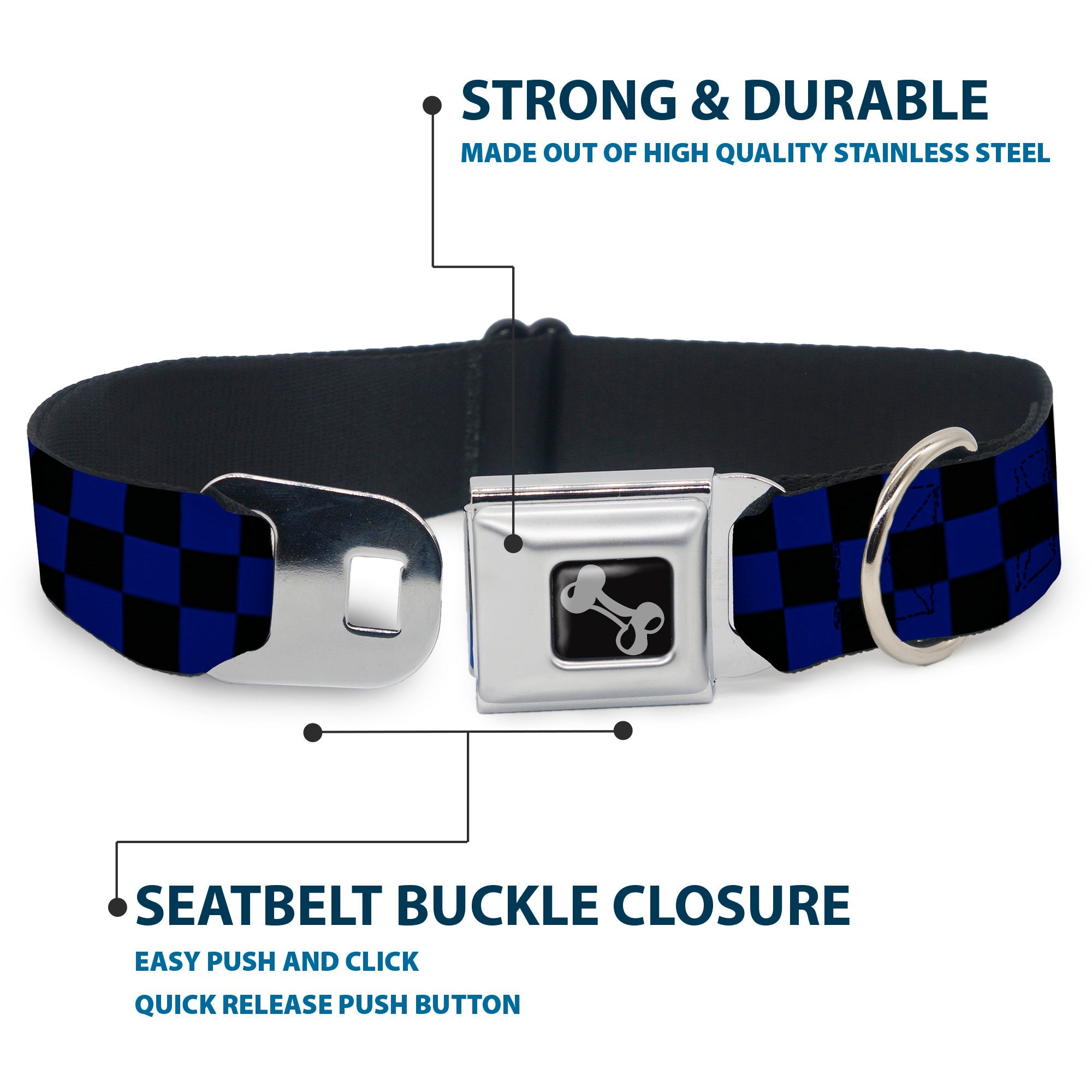 Dog Bone Seatbelt Buckle Collar - Checker Black/Blue