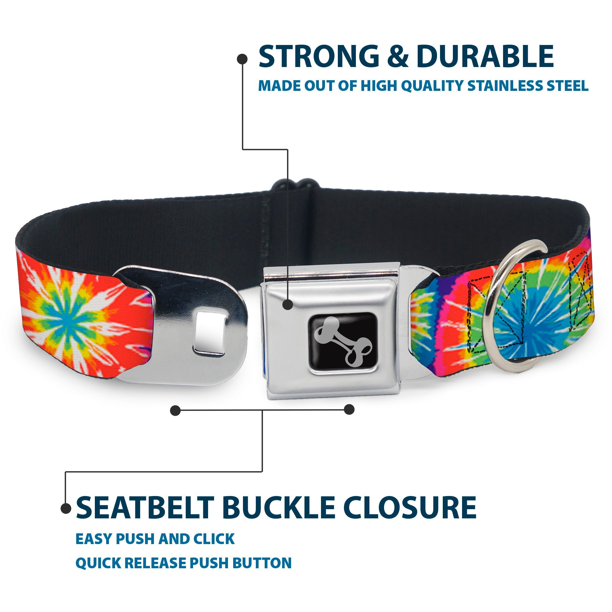 Dog Bone Seatbelt Buckle Collar - 70's Tie Dye