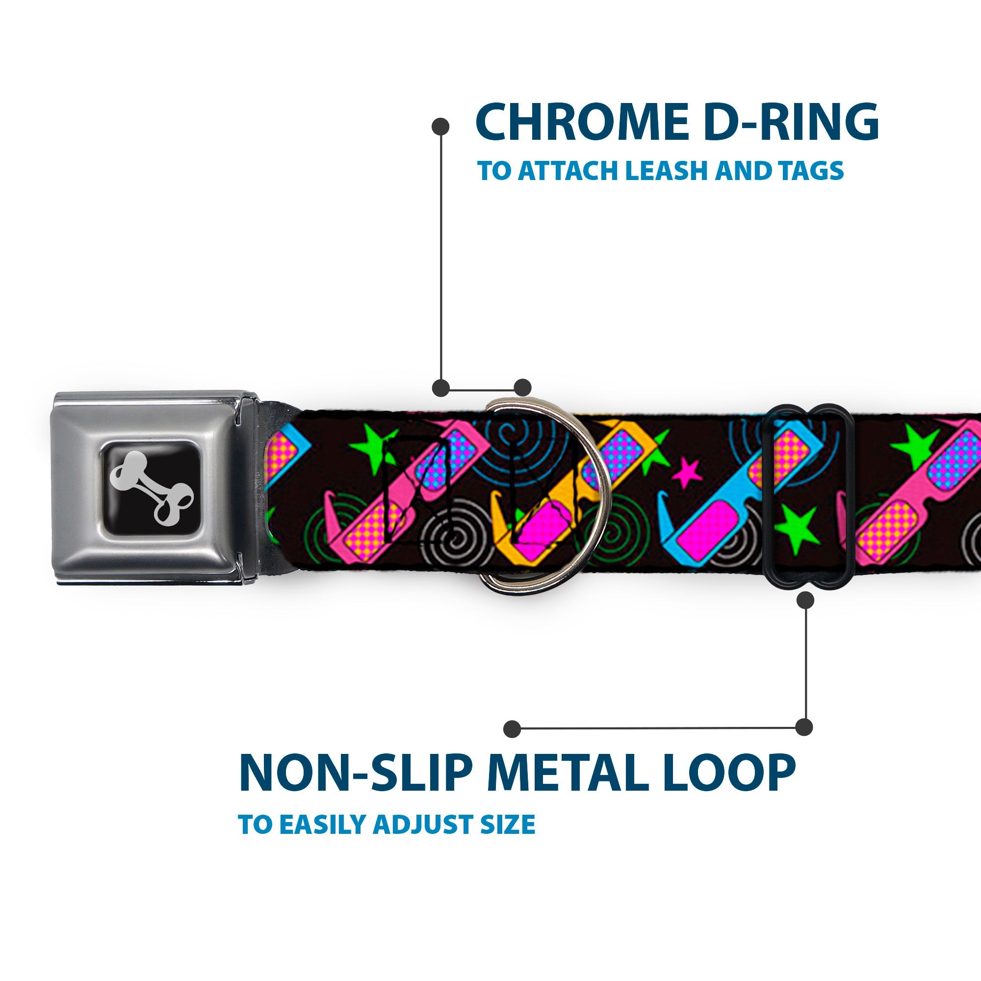 Dog Bone Seatbelt Buckle Collar - 3-D Glasses w/Stars Multi Color