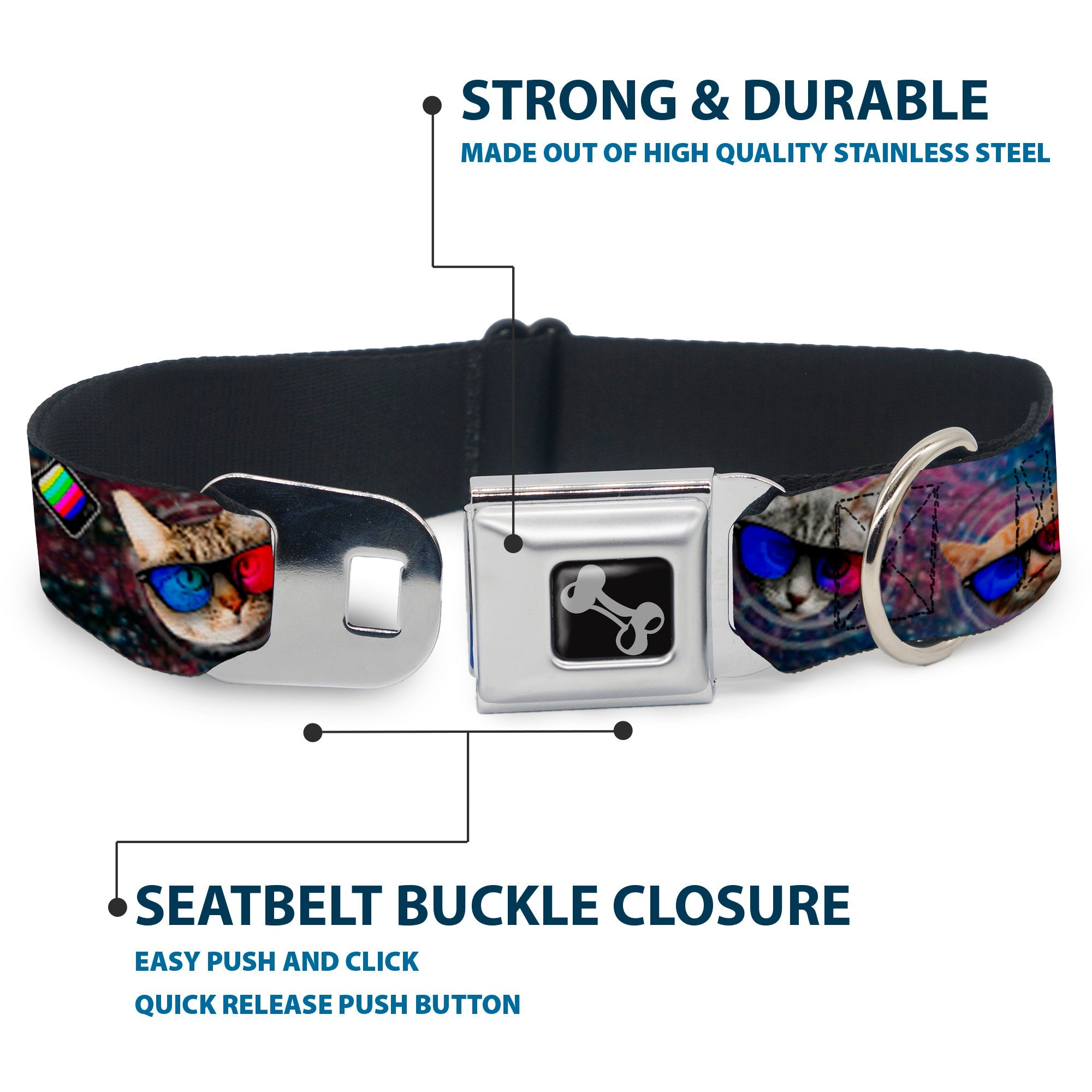 Dog Bone Seatbelt Buckle Collar - 3-D TV Cats in Space