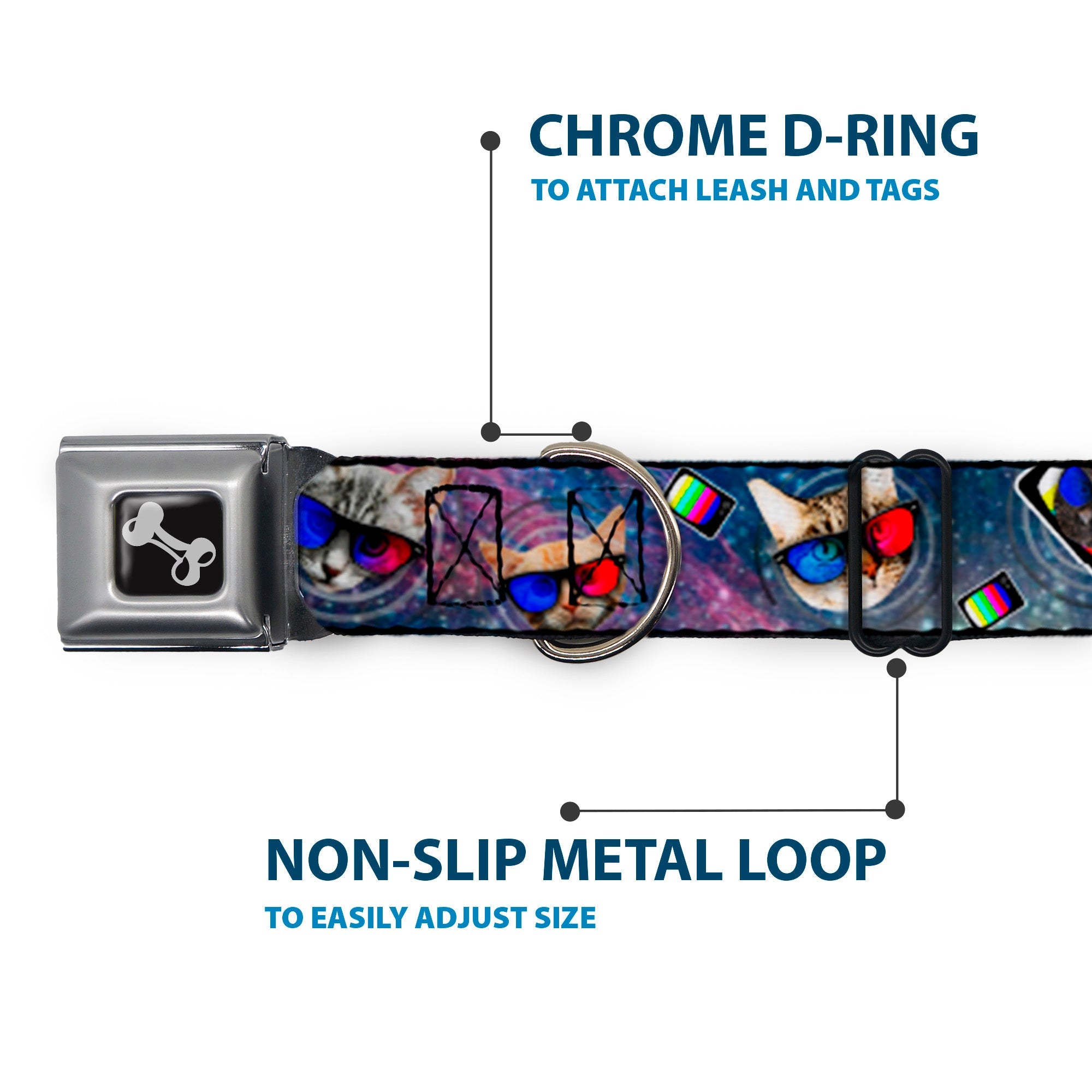 Dog Bone Seatbelt Buckle Collar - 3-D TV Cats in Space