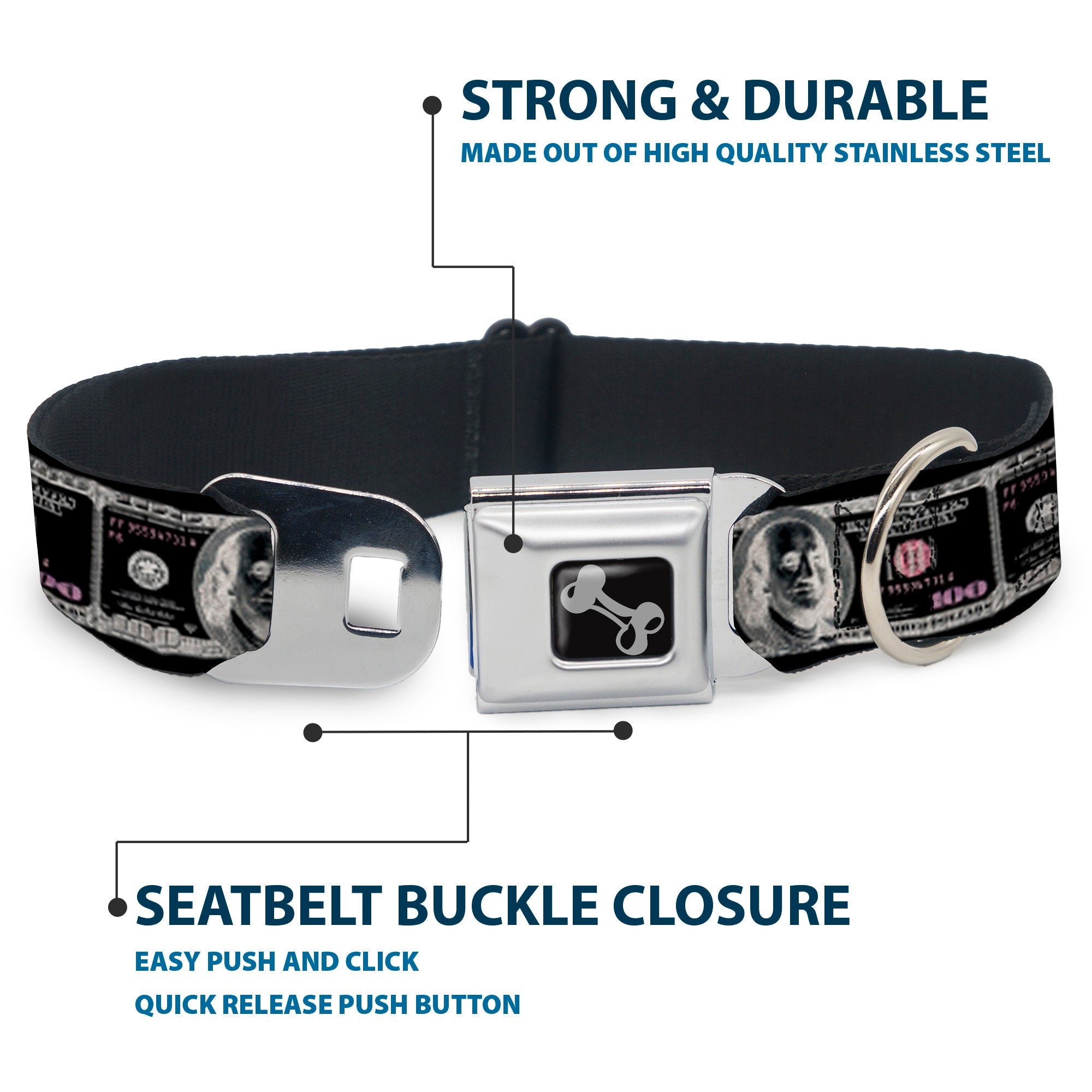 Dog Bone Seatbelt Buckle Collar - 100 Dollar Bill X-Ray Black/White