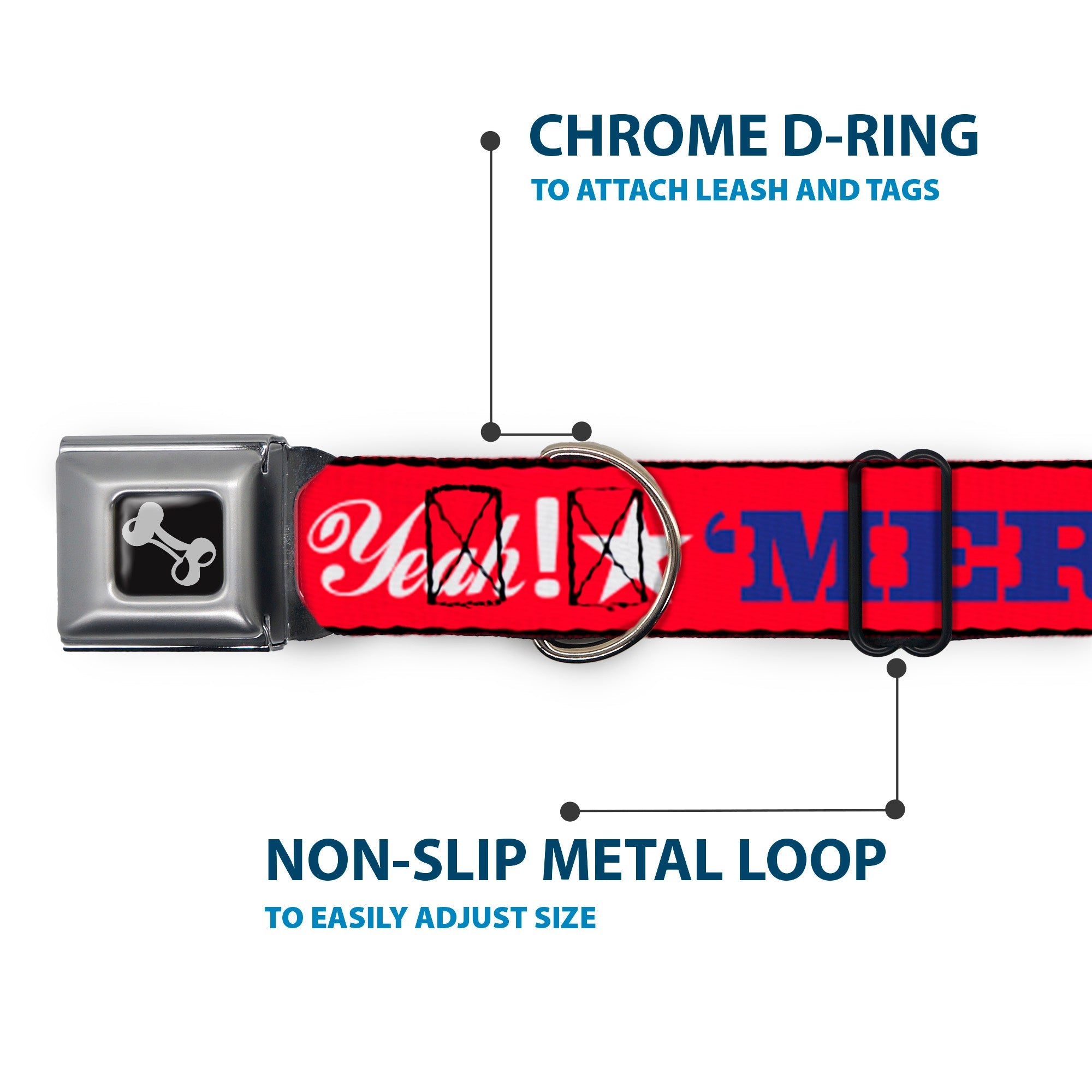 Dog Bone Seatbelt Buckle Collar - 'MERICA FUCK YEAH!/Star Red/Blue/White
