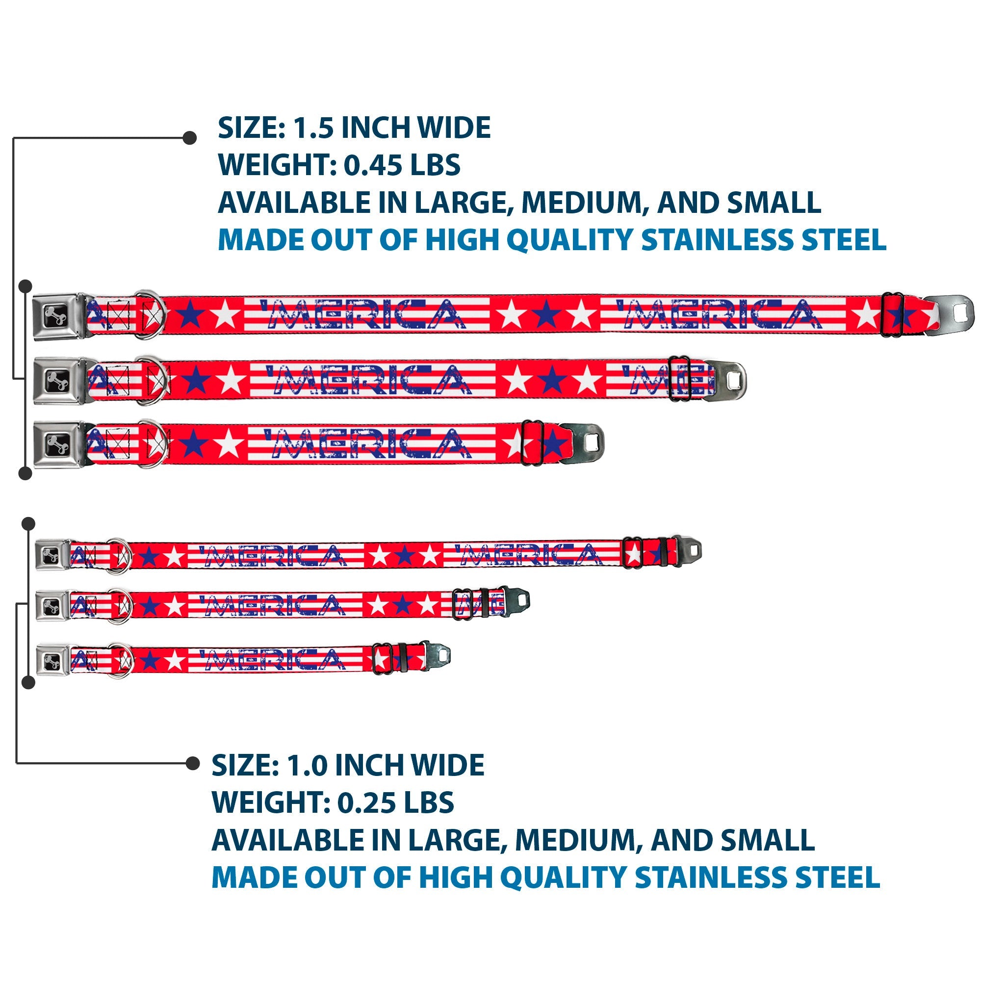 Dog Bone Seatbelt Buckle Collar - 'MERICA Stripes/Stars Red/White/Blue