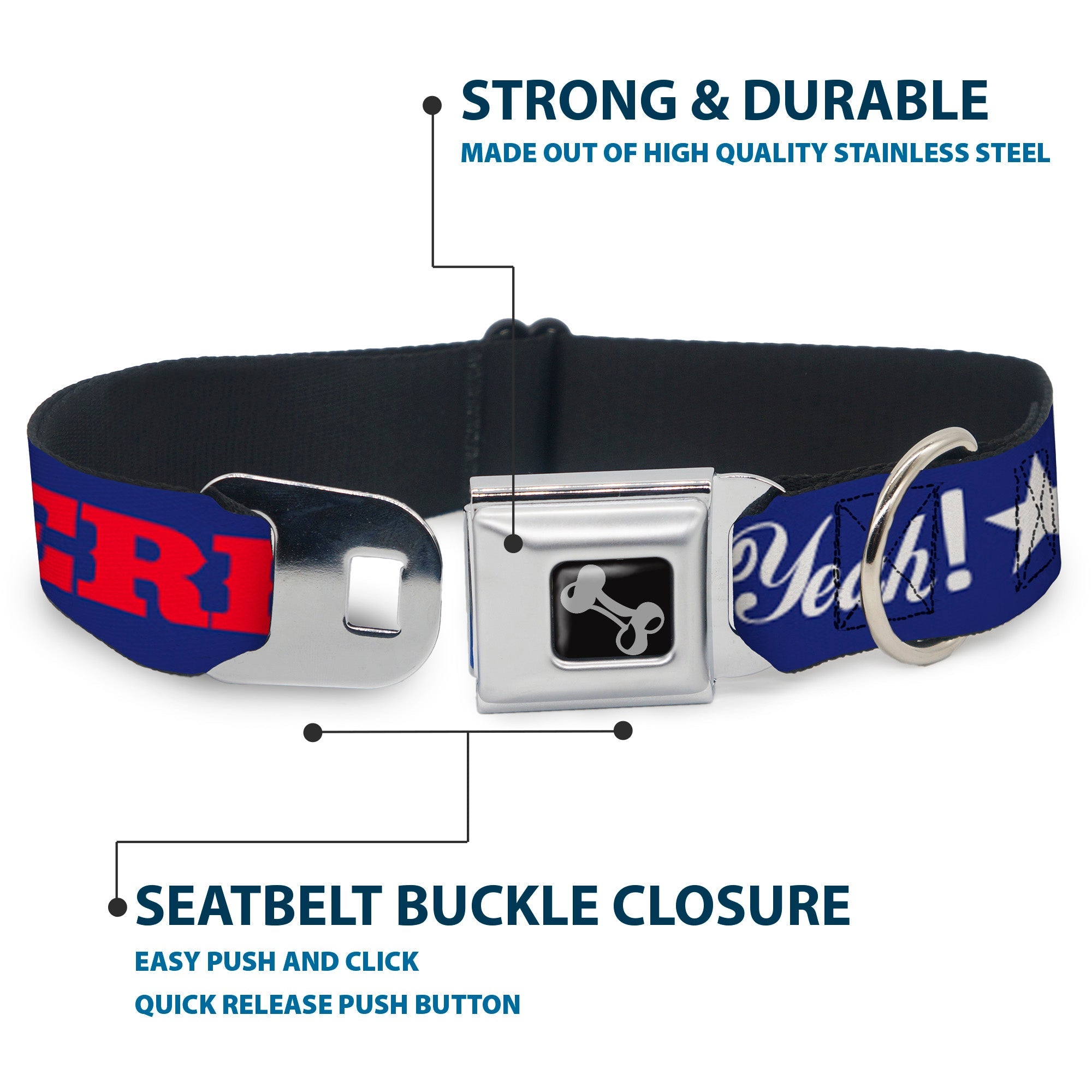 Dog Bone Seatbelt Buckle Collar - 'MERICA FUCK YEAH!/Star Blue/Red/White