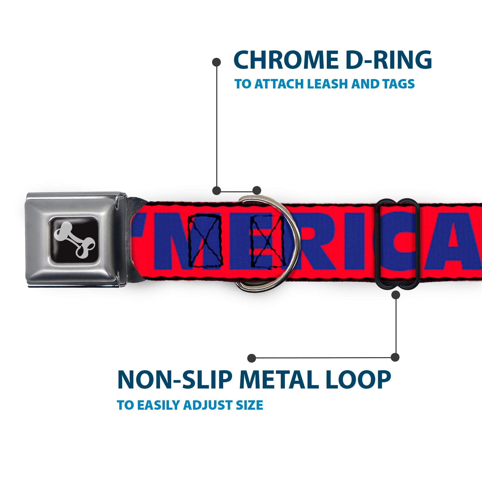 Dog Bone Seatbelt Buckle Collar - 'MERICA/Star Red/Blue/White