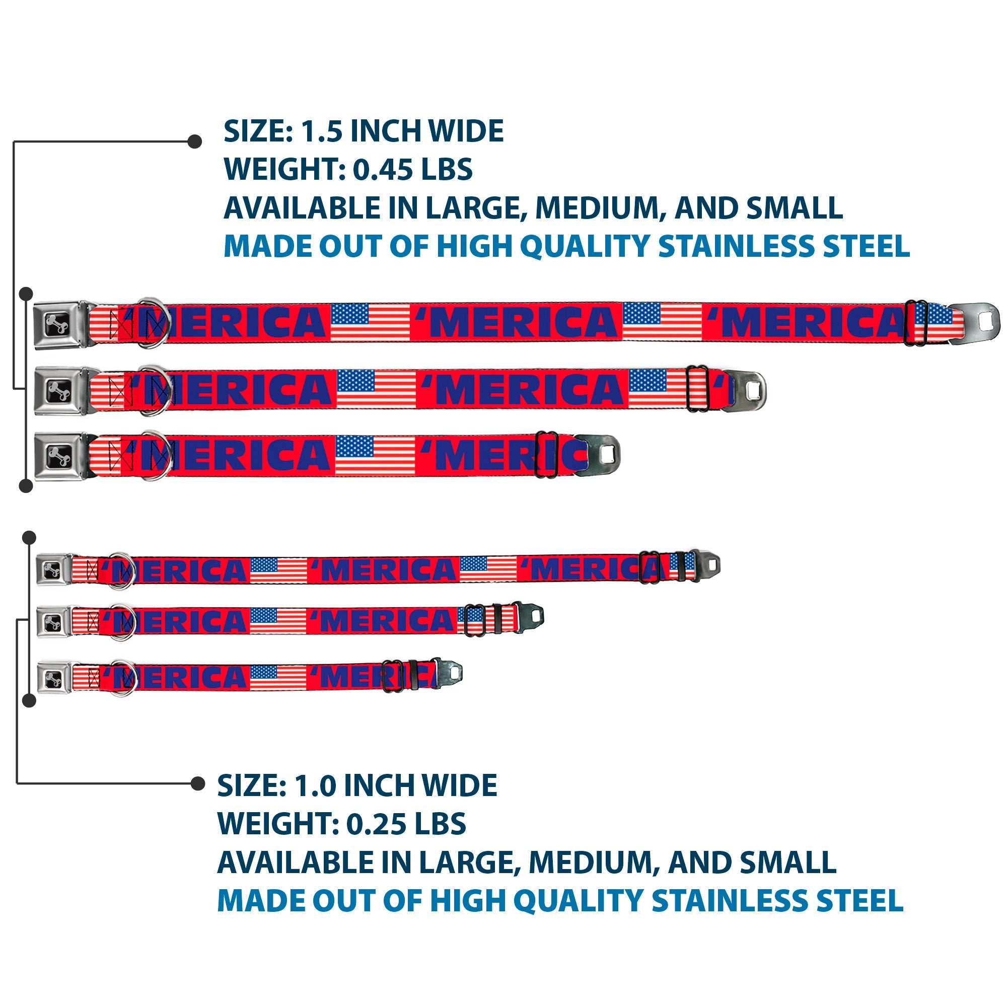 Dog Bone Seatbelt Buckle Collar - 'MERICA/US Flag Red/Blue/White