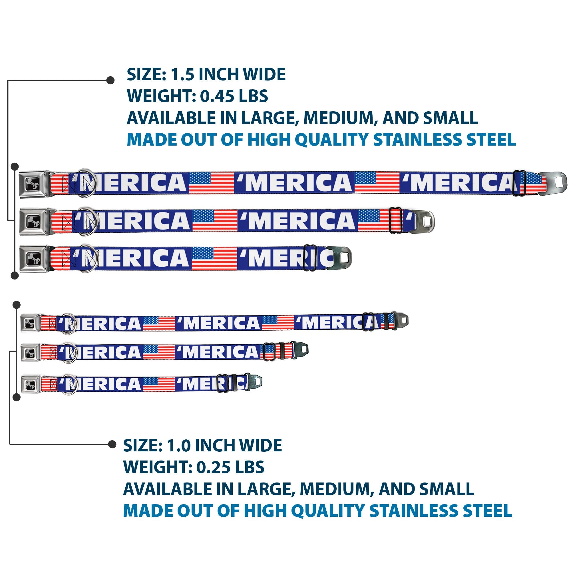 Dog Bone Seatbelt Buckle Collar - 'MERICA/US Flag Blue/White/Red