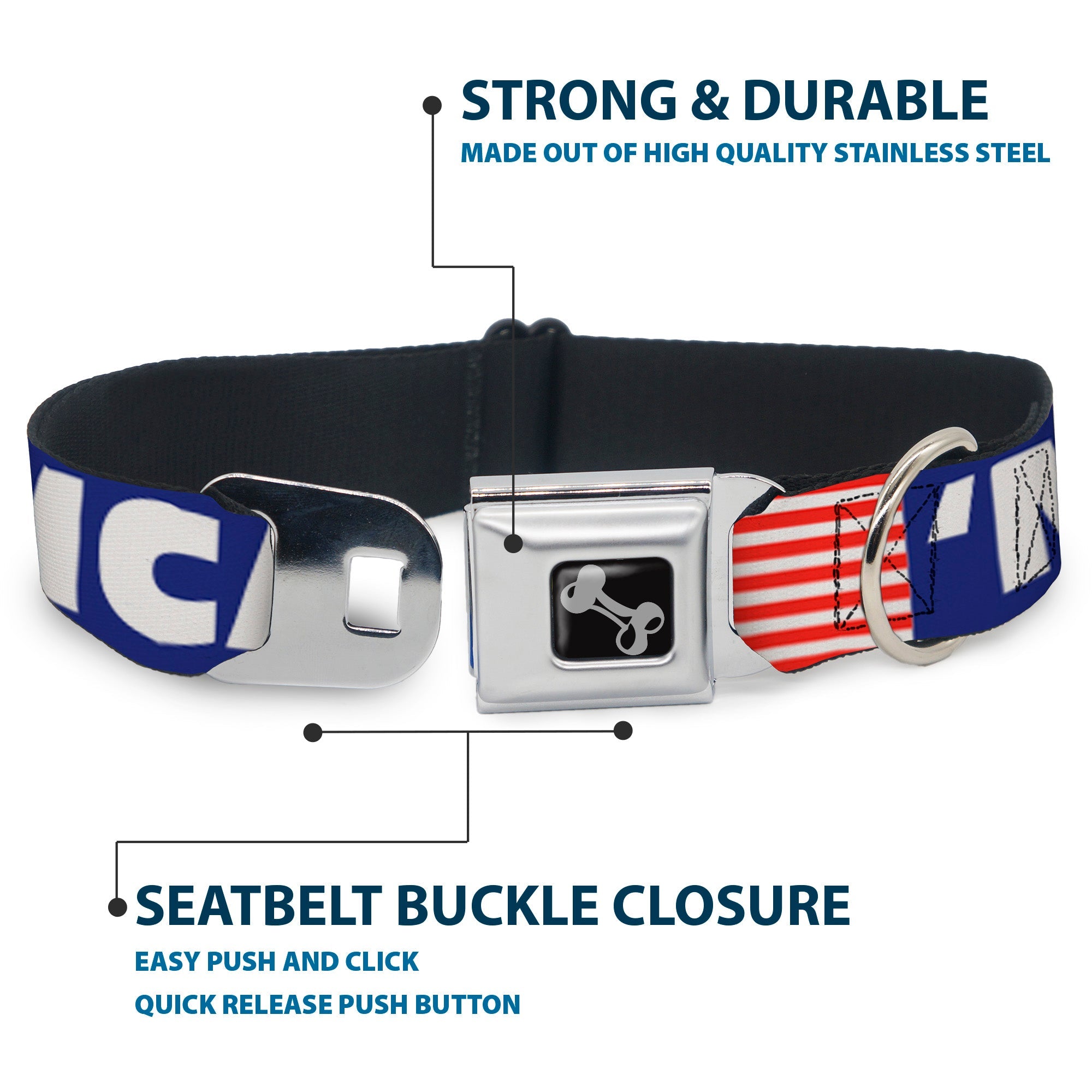 Dog Bone Seatbelt Buckle Collar - 'MERICA/US Flag Blue/White/Red