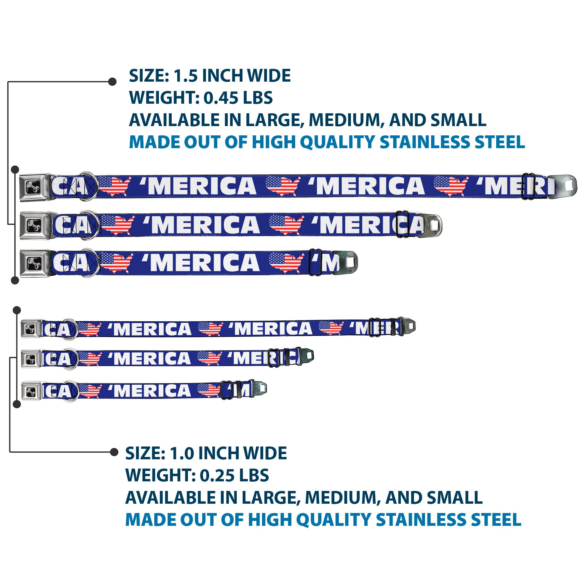 Dog Bone Seatbelt Buckle Collar - 'MERICA/USA Silhouette Blue/White/US Flag