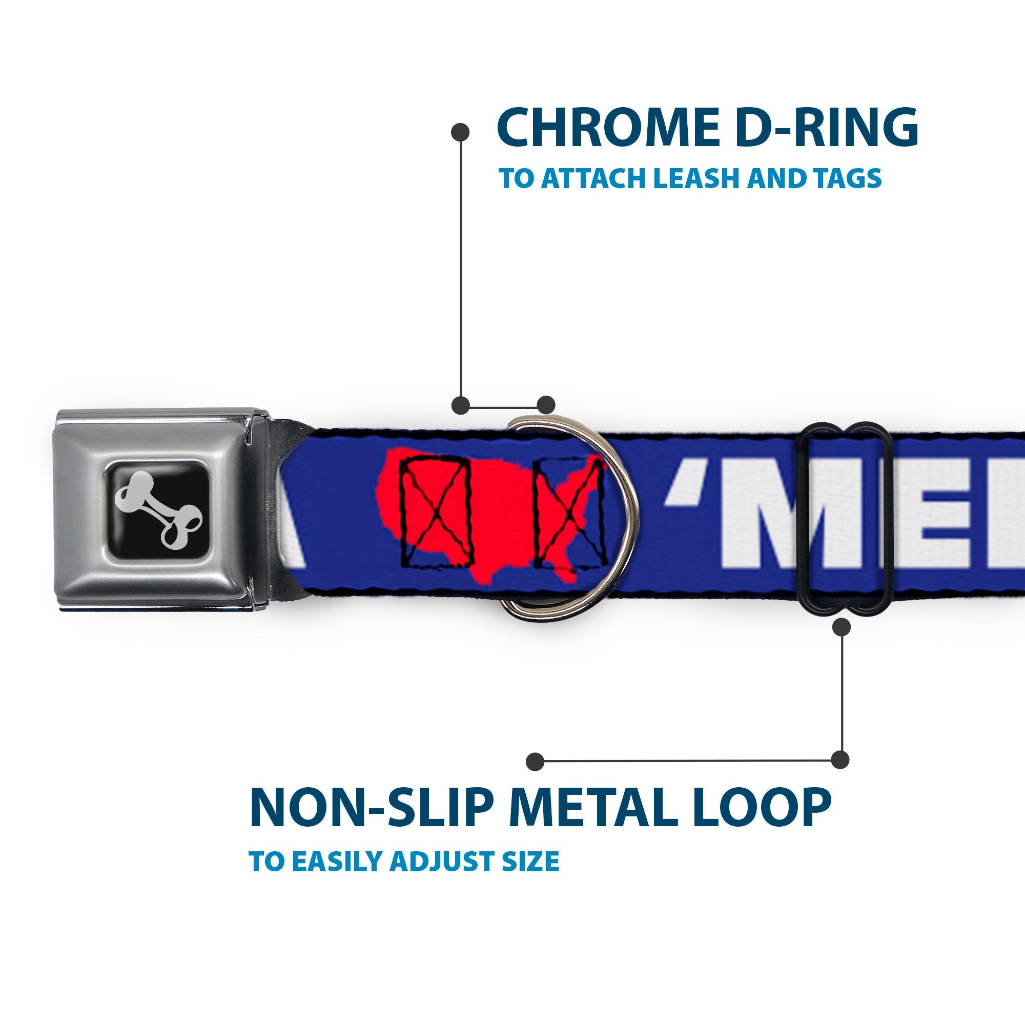 Dog Bone Seatbelt Buckle Collar - 'MERICA/USA Silhouette Blue/White/Red