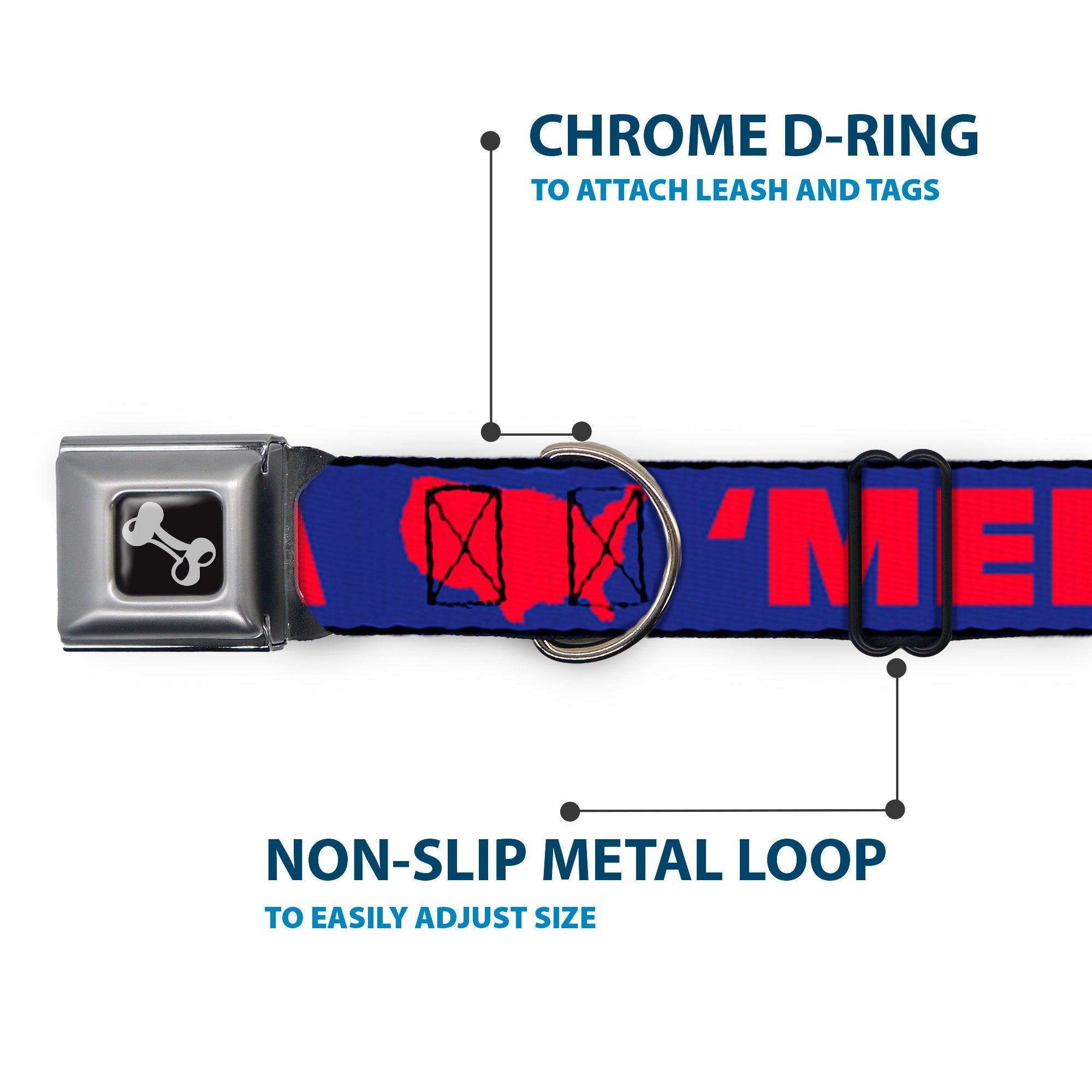 Dog Bone Seatbelt Buckle Collar - 'MERICA/USA Silhouette Blue/Red