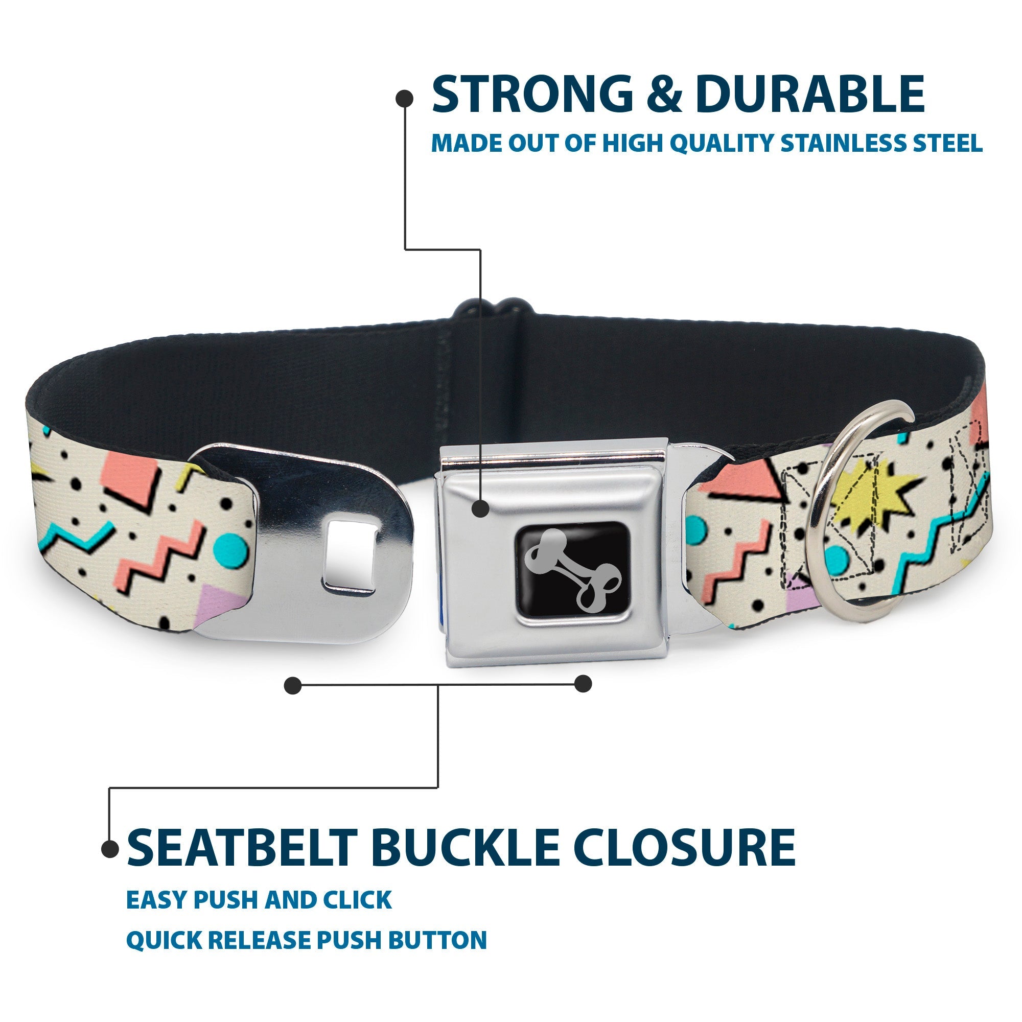 Dog Bone Black/Silver Seatbelt Buckle Collar - 90s Nineties Grid Pattern Gray/Multi Pastel