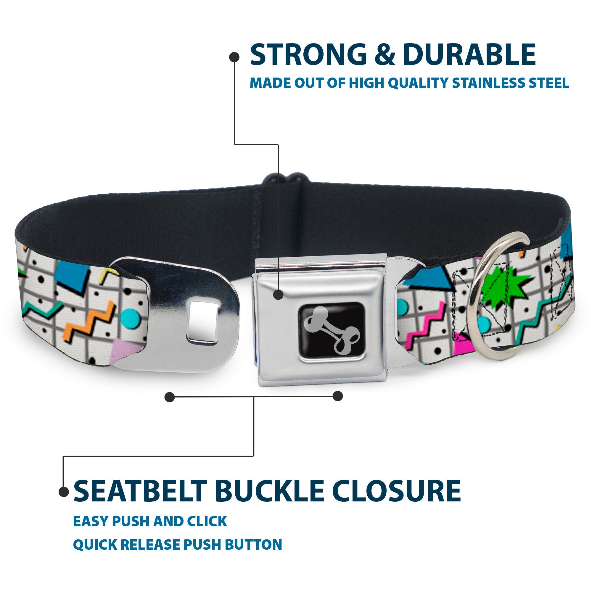 Dog Bone Black/Silver Seatbelt Buckle Collar - 90s Nineties Grid Pattern Vibrant Gray/Multi Color
