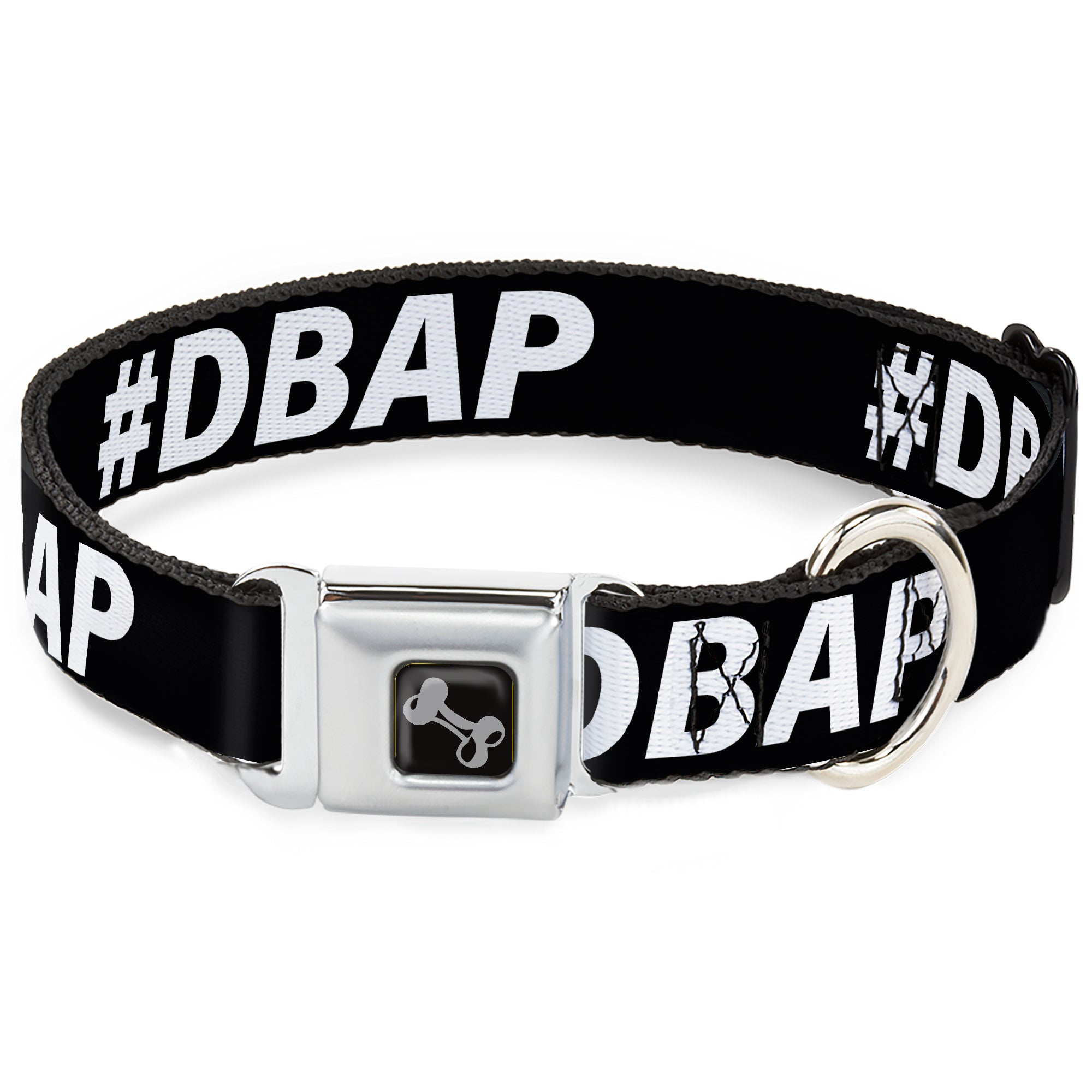 Dog Bone Black/Silver Seatbelt Buckle Collar - #DBAP Hash Tag Text Black/White