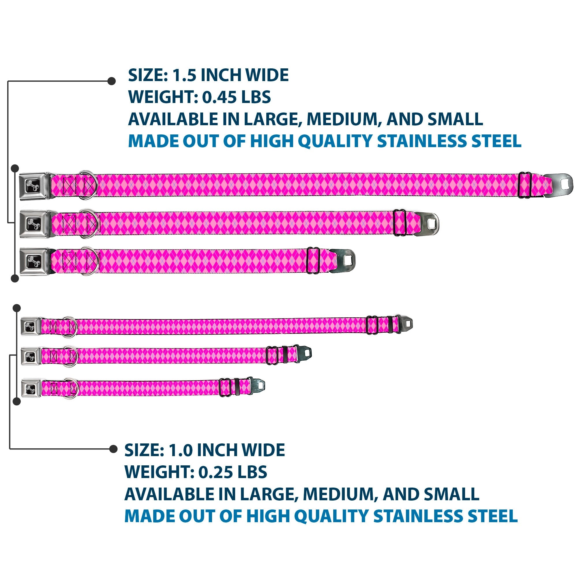 Dog Bone Seatbelt Buckle Collar - Argyle Pink/Fuchsia/Blue