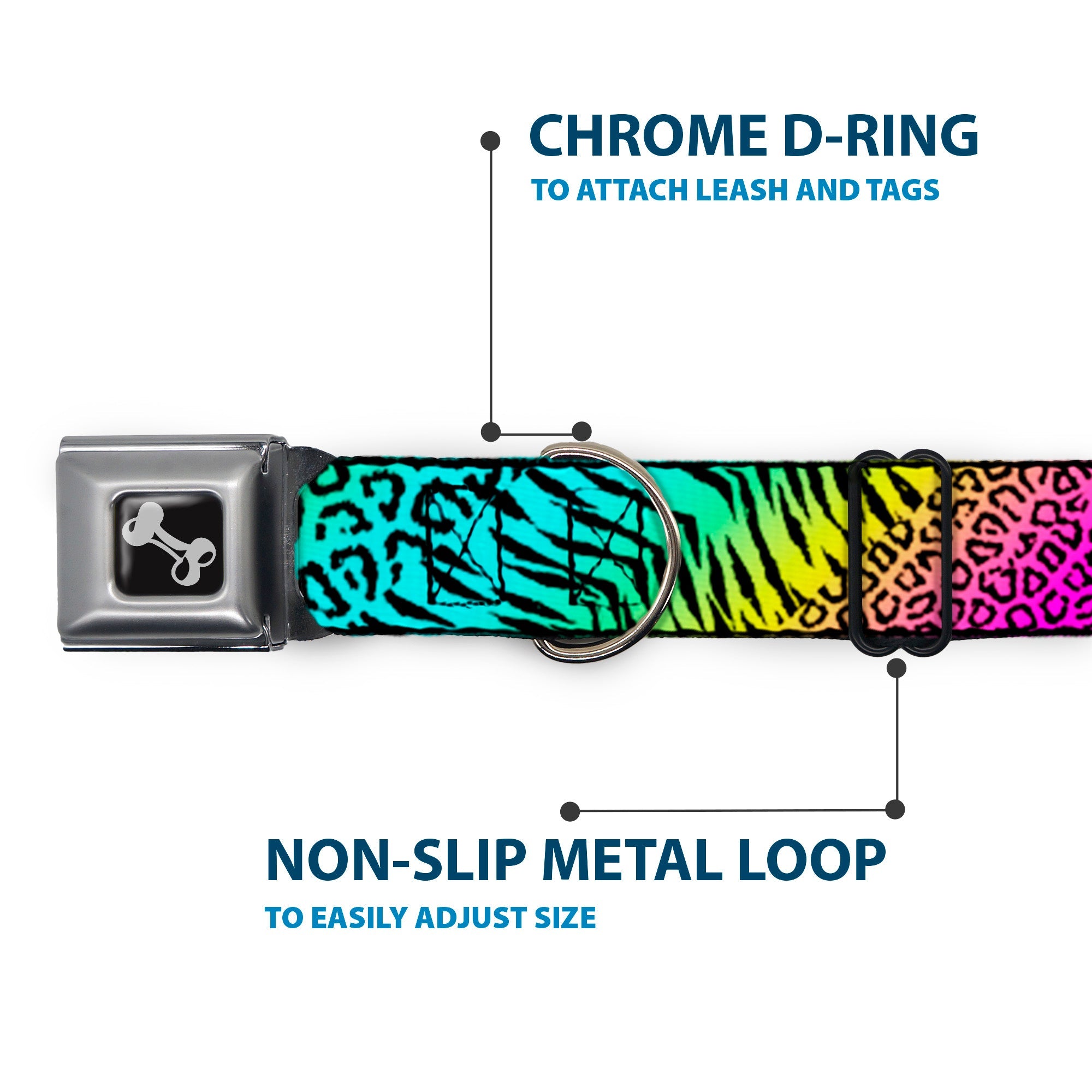Dog Bone Seatbelt Buckle Collar - Animal Skins Rainbow/Black