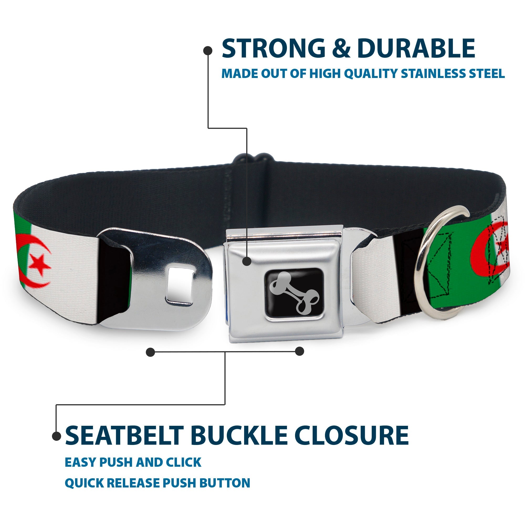 Dog Bone Seatbelt Buckle Collar - Algeria Flags
