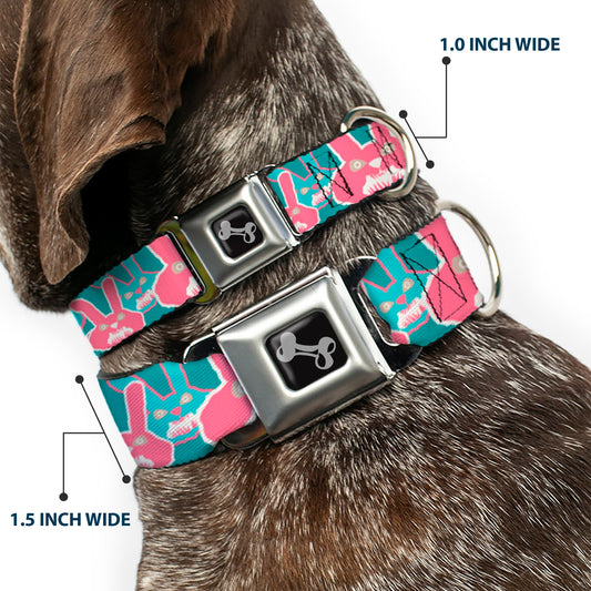 Dog Bone Seatbelt Buckle Collar - Angry Bunnies Turquoise/Pinks