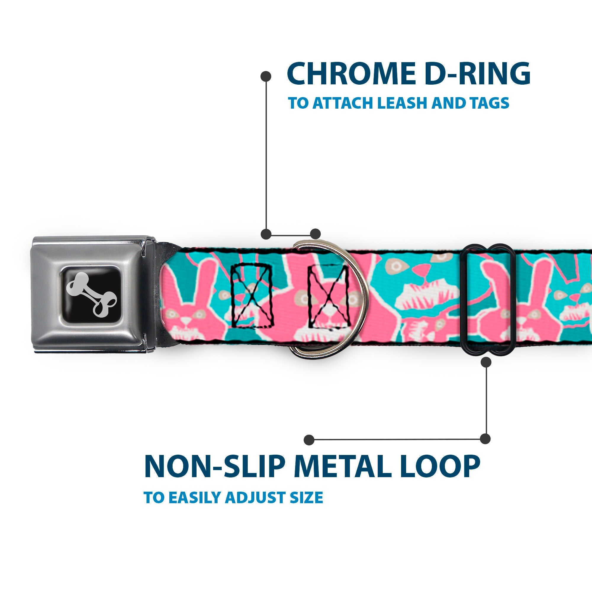 Dog Bone Seatbelt Buckle Collar - Angry Bunnies Turquoise/Pinks