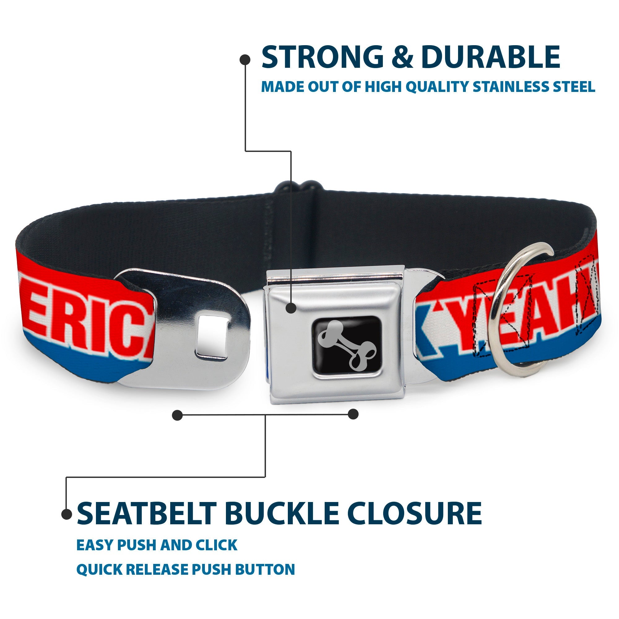 Dog Bone Seatbelt Buckle Collar - AMERICA, FUCK YEA Red/White/Blue