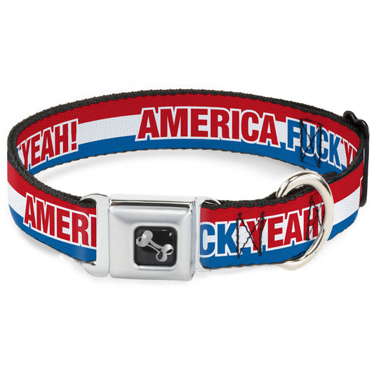 Dog Bone Seatbelt Buckle Collar - AMERICA, FUCK YEA Red/White/Blue